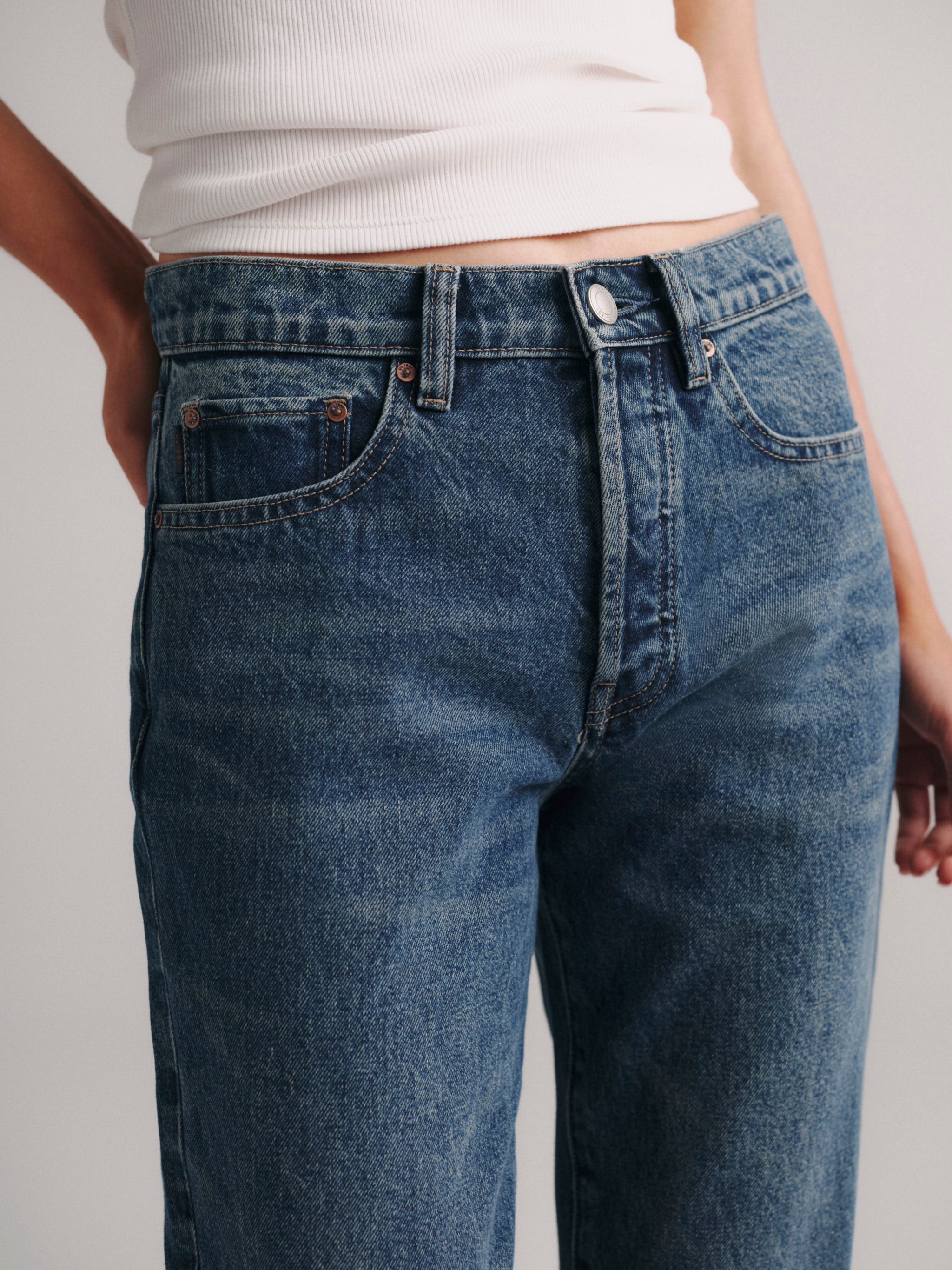 DL1961 x Olympia Slim Straight Jeans in Royal — front waistband and pocket detail