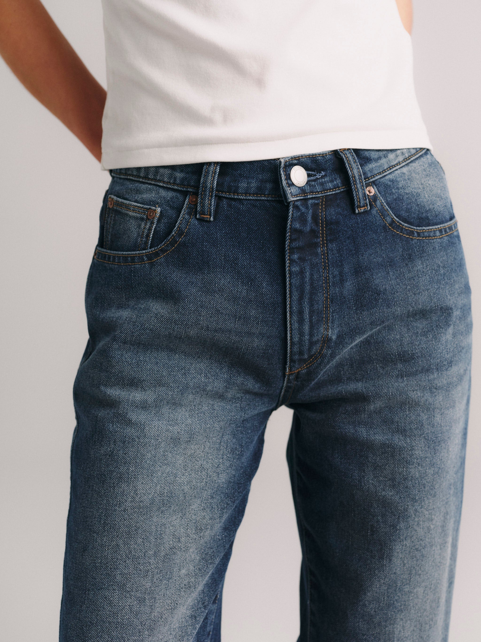 DL1961 x Olympia Cate Classic Straight Jeans in Drama — front waistband and pocket detail