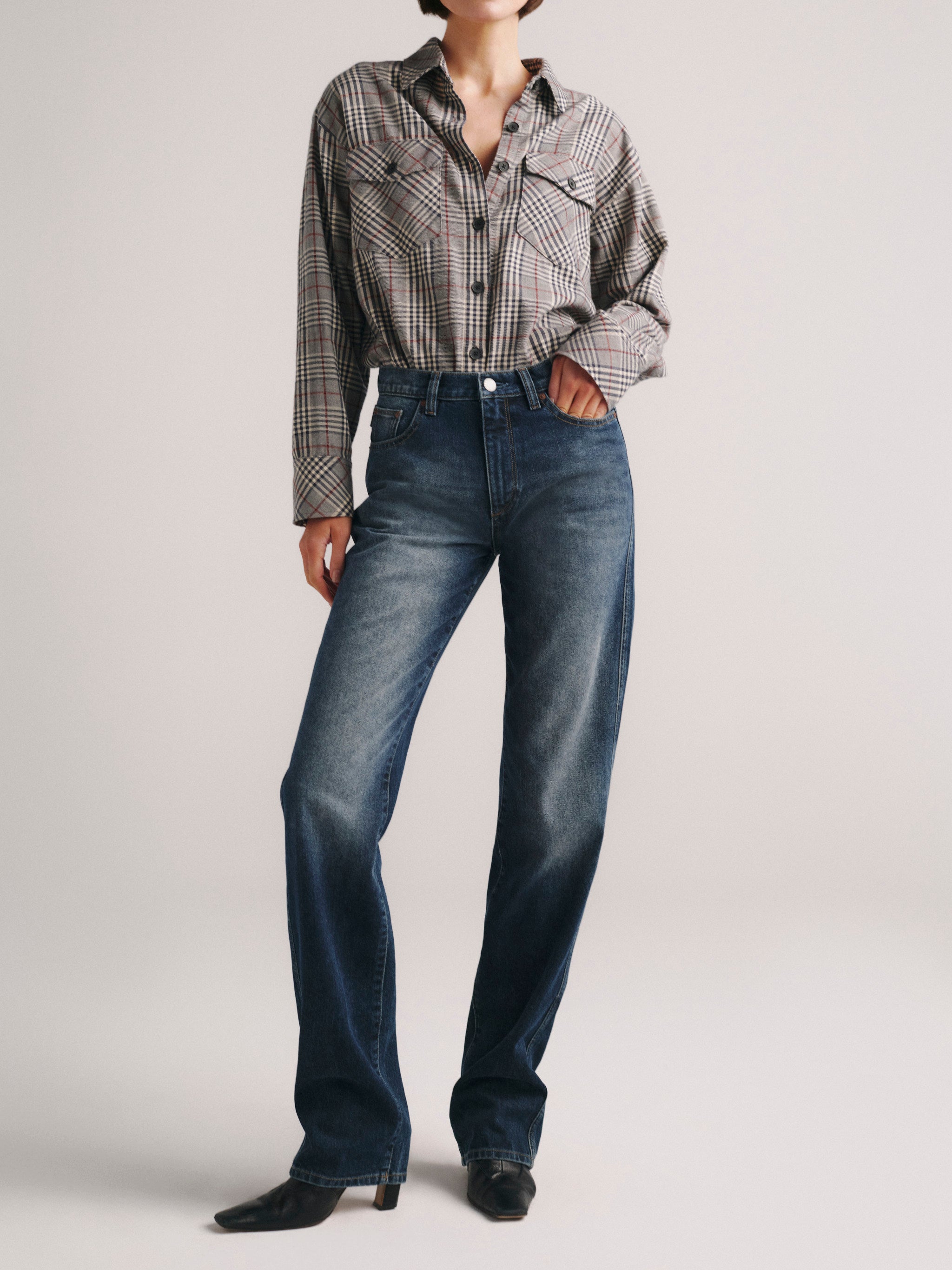 DL1961 x Olympia Cate Classic Straight Jeans in Drama — styled with the Addison Overshirt, front view