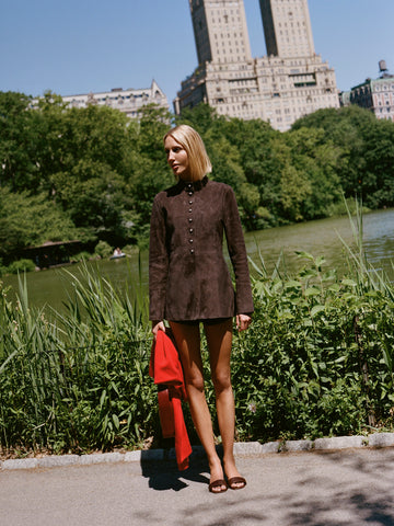 DL1961 x Olympia Maria Suede Jacket in Tobacco Suede — worn with the matching Abby Suede Short by the lake in Central Park, full-length front view