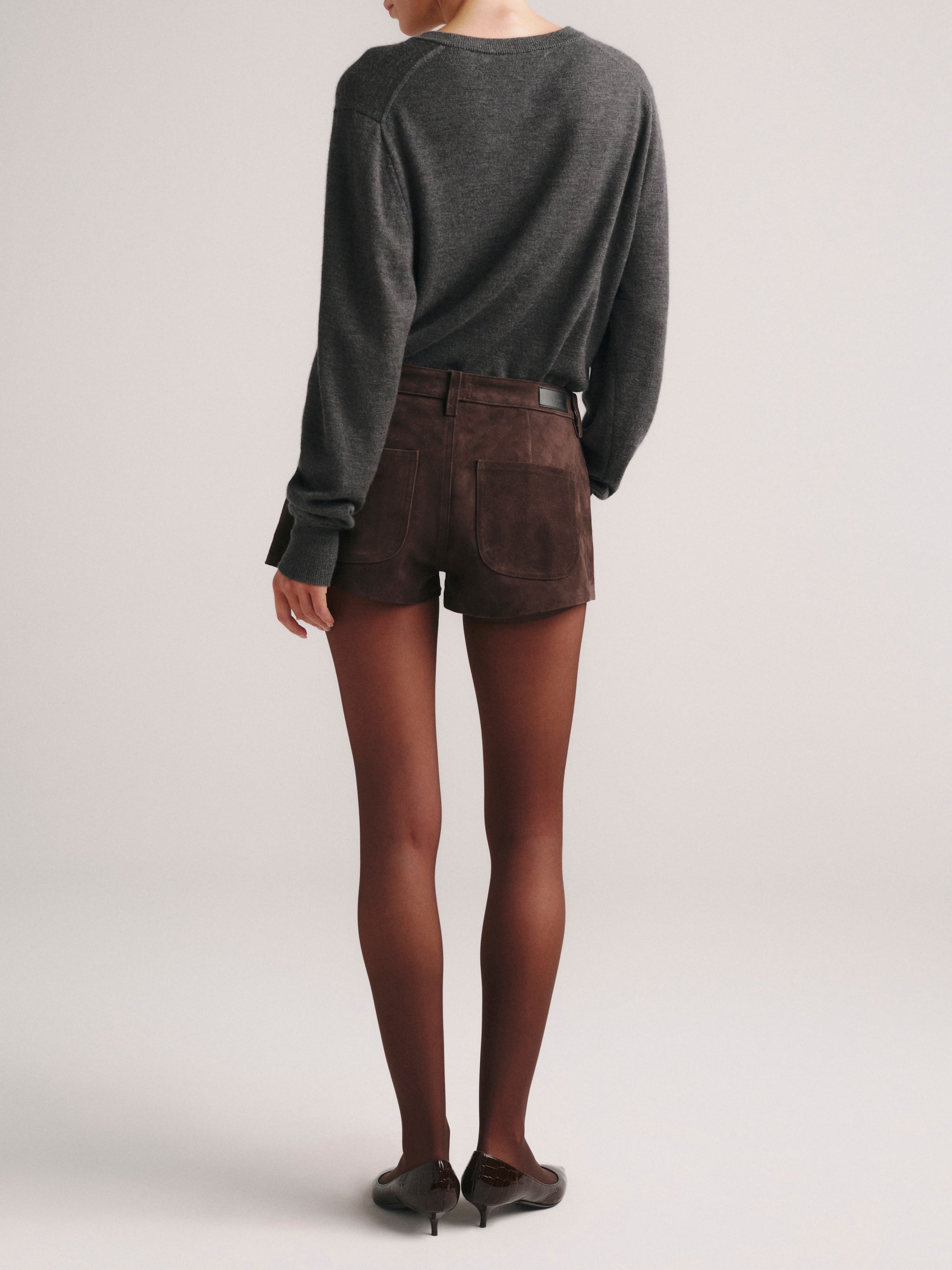 DL1961 x Olympia Abby Suede Short in Tobacco Suede — back view