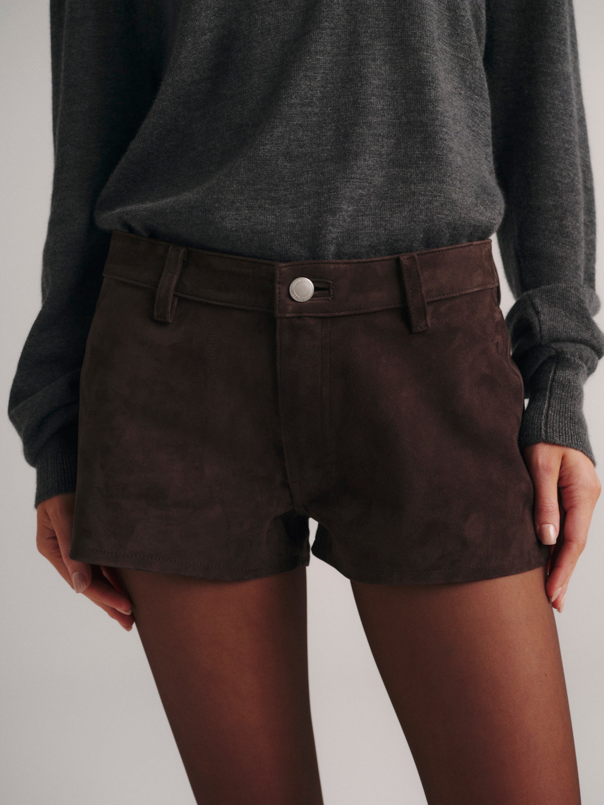 DL1961 x Olympia Abby Suede Short in Tobacco Suede — waistband and pocket detail