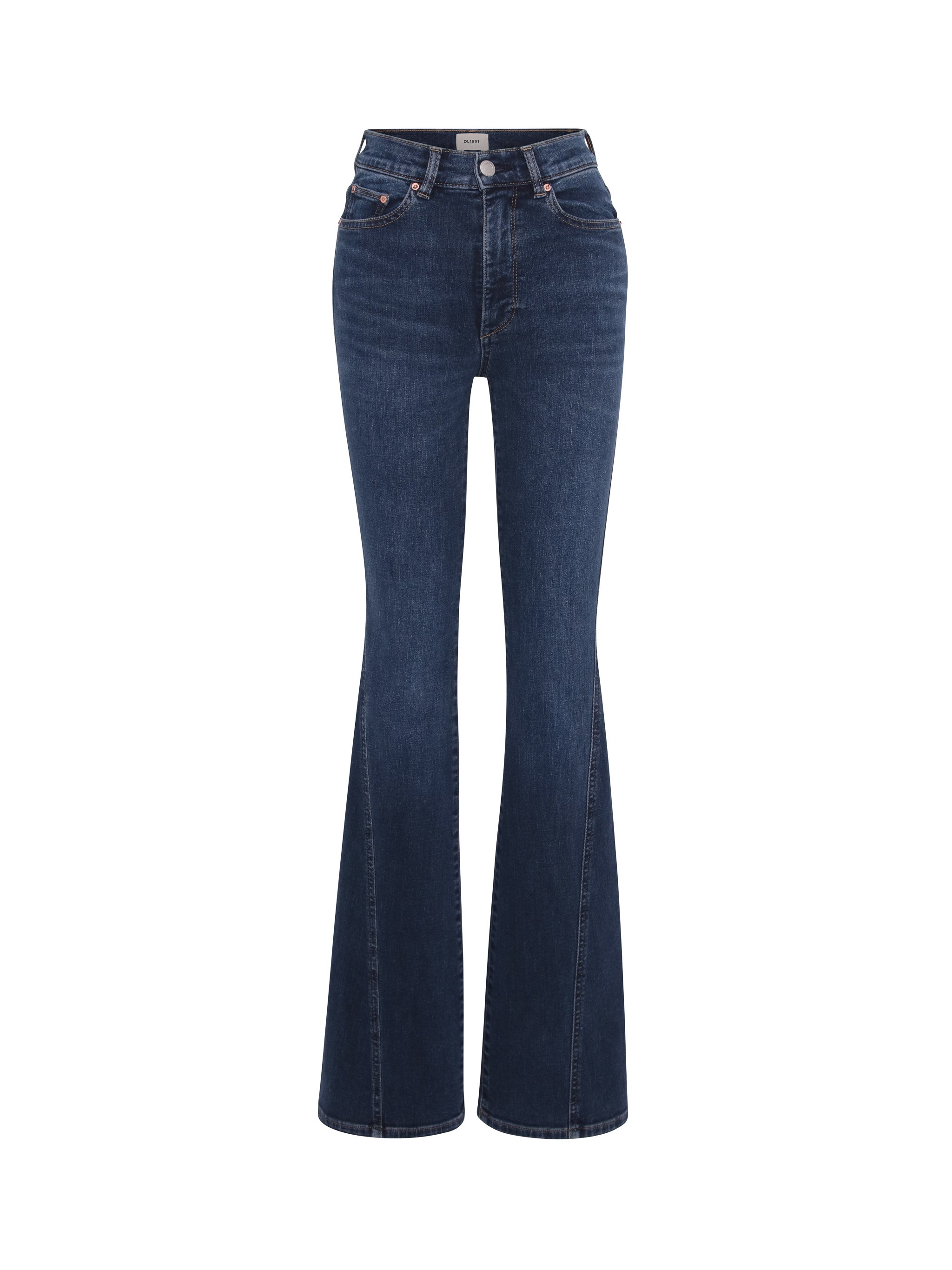 Bridget Boot jeans in Breeze, seamed, 33-inch, ghost-mannequin product shot on white, front.