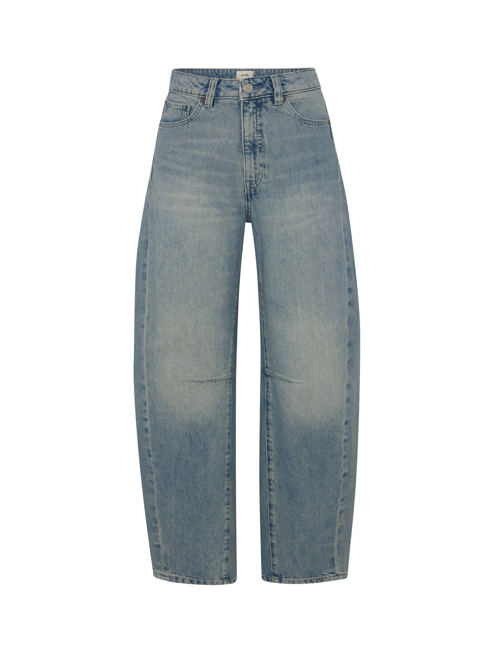 Miro Barrel jeans in Worn Day, ghost-mannequin product shot on white, front view.