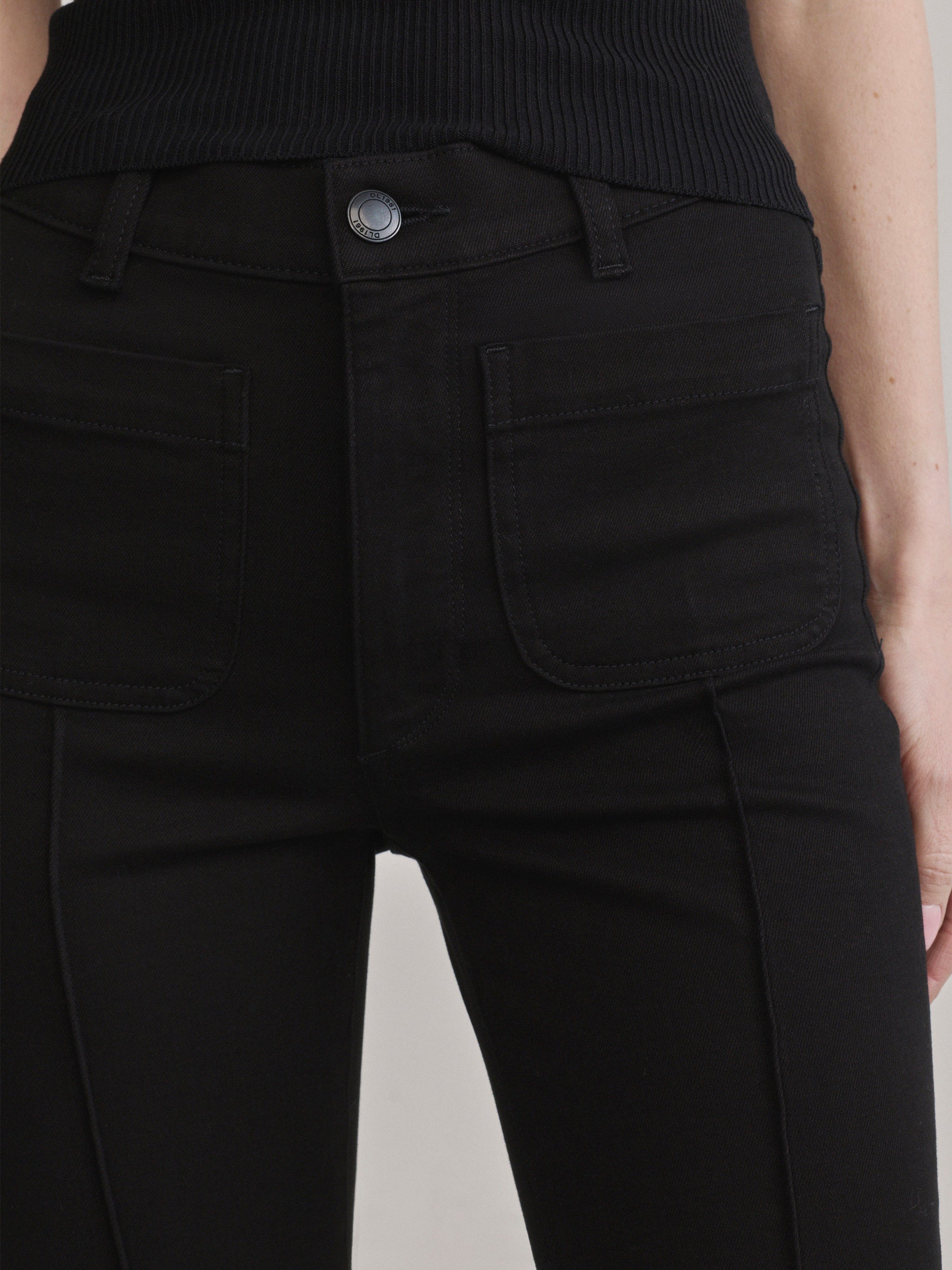 DL1961 Bridget Bootcut Instasculpt jeans in black 'Black Pintuck', front patch pocket and pintuck seam detail.