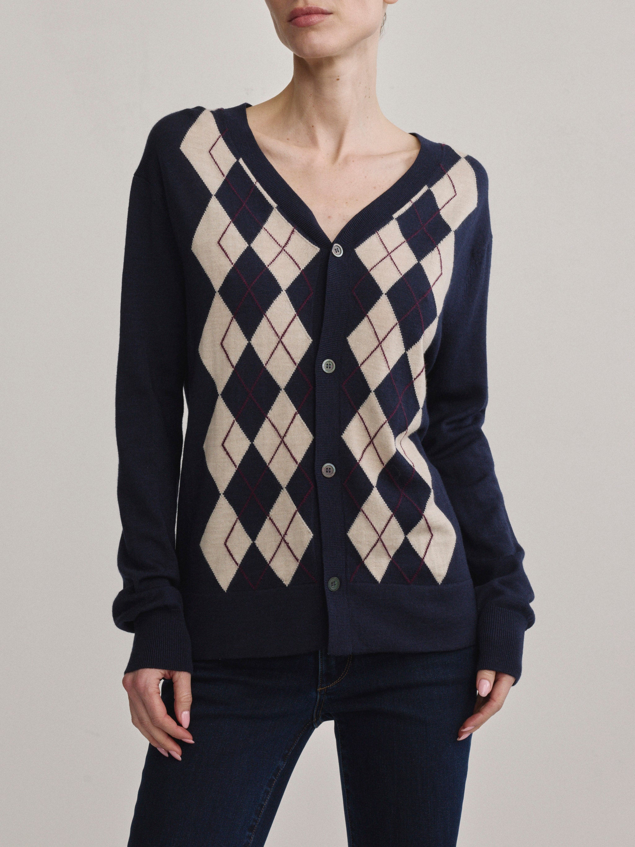 V-Neck Cardigan | Navy Argyle