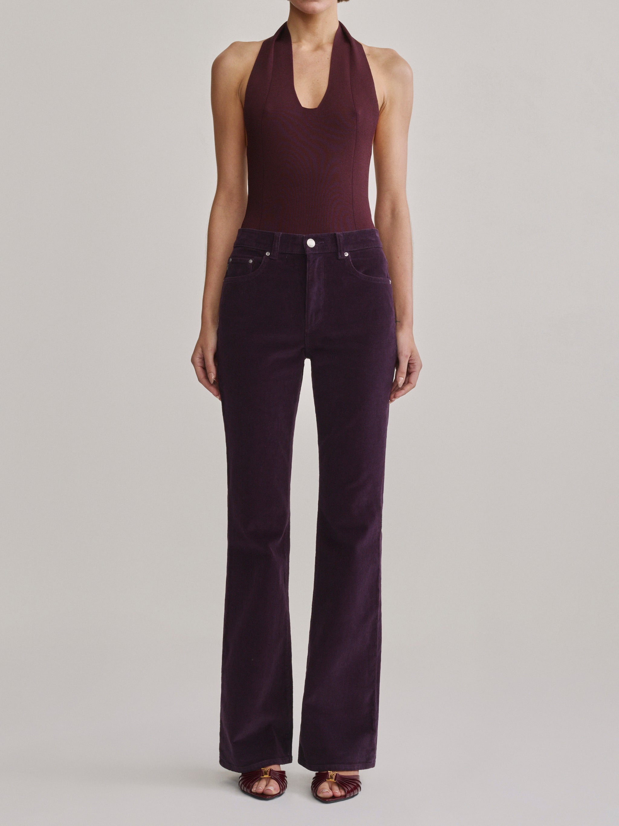 DL1961 Bridget Bootcut Instasculpt jeans in aubergine corduroy 'Blackberry Cord', front view, flared leg.