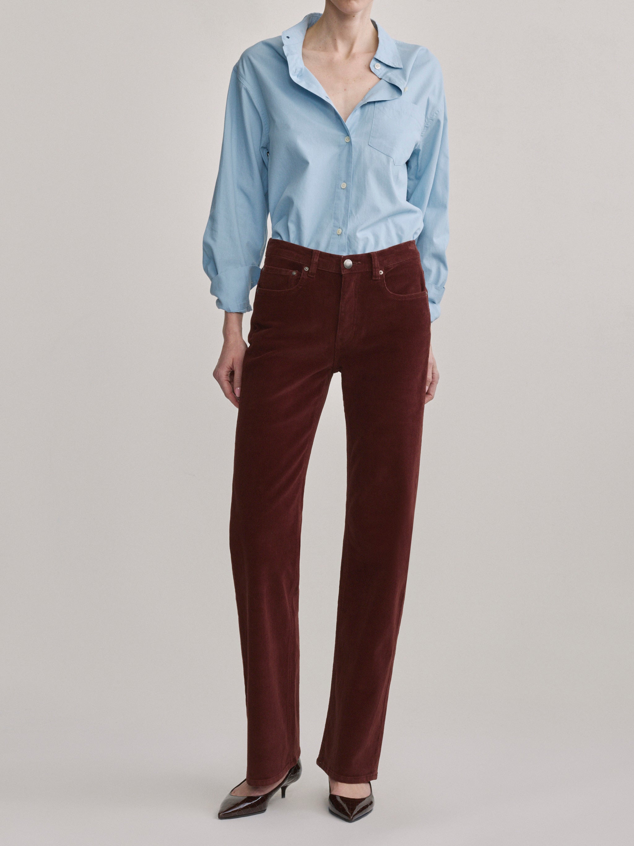 DL1961 Bella slim bootcut mid-rise corduroy jeans in wine 'Syrah Cord', full-length front view.