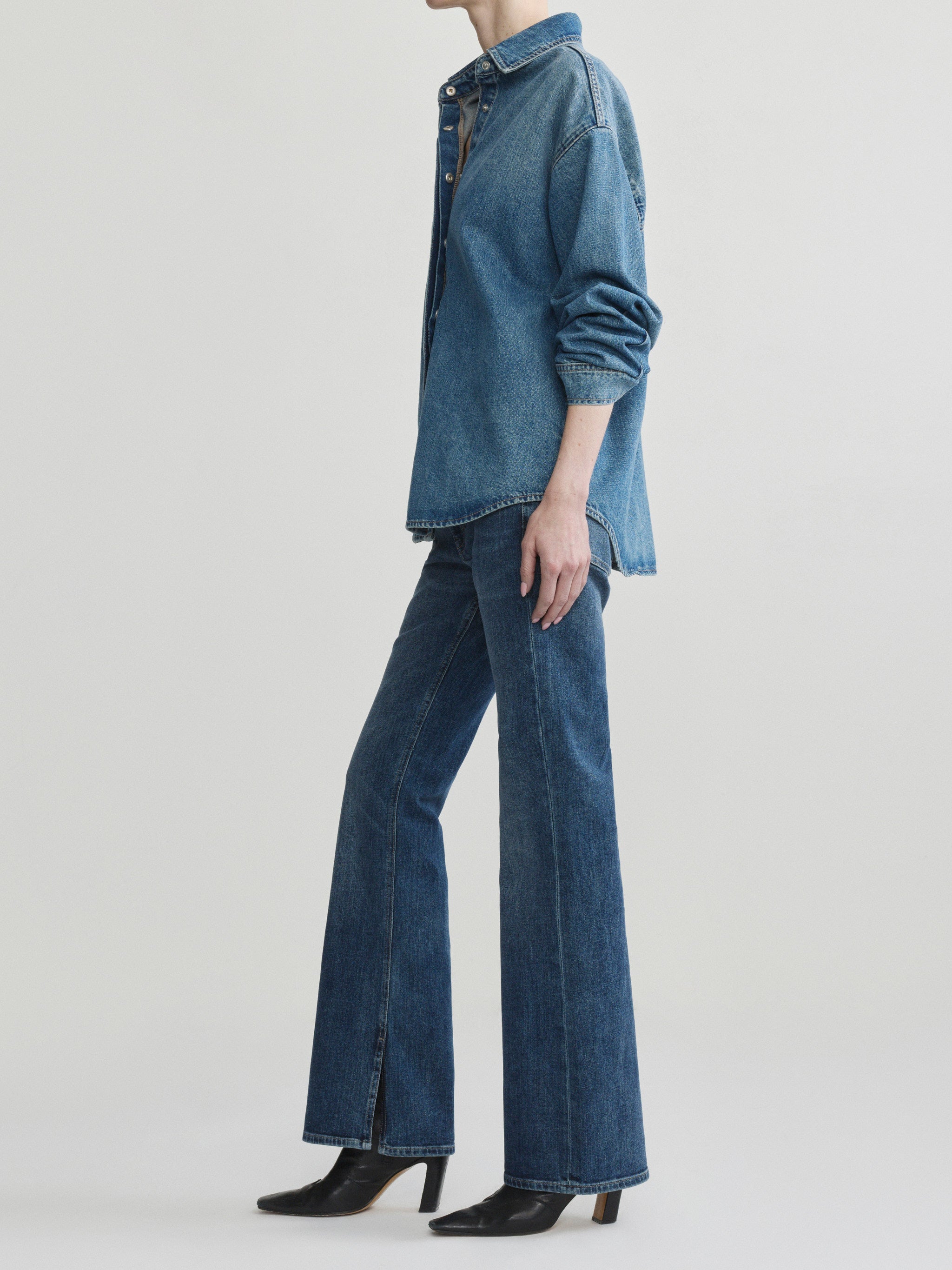 Bella jeans in Quiet with Endless Sea Addison Overshirt, model side profile, full-length.