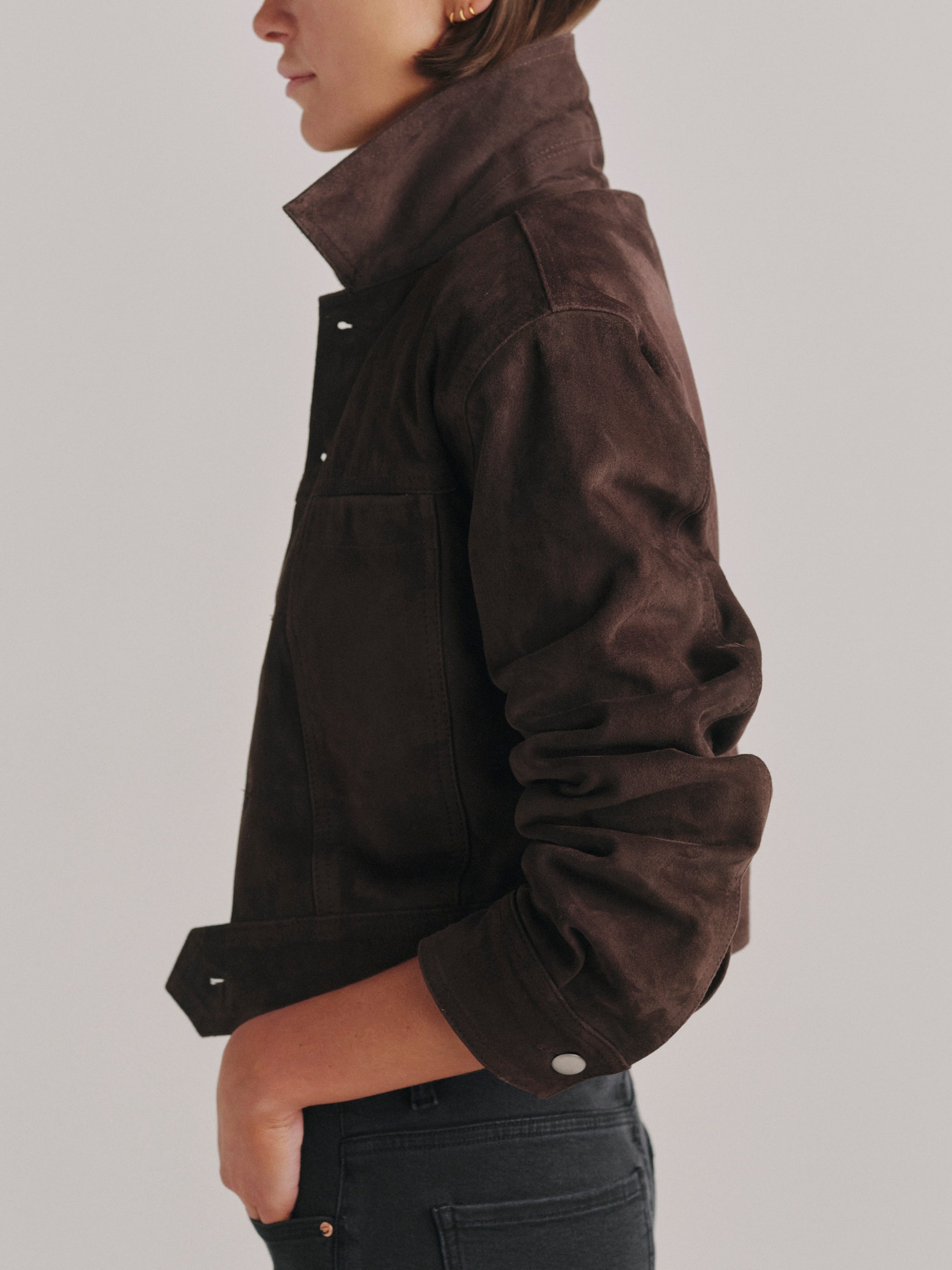 DL1961 Alina Suede Jacket in tobacco brown suede, cropped fit with stand collar, side profile view.