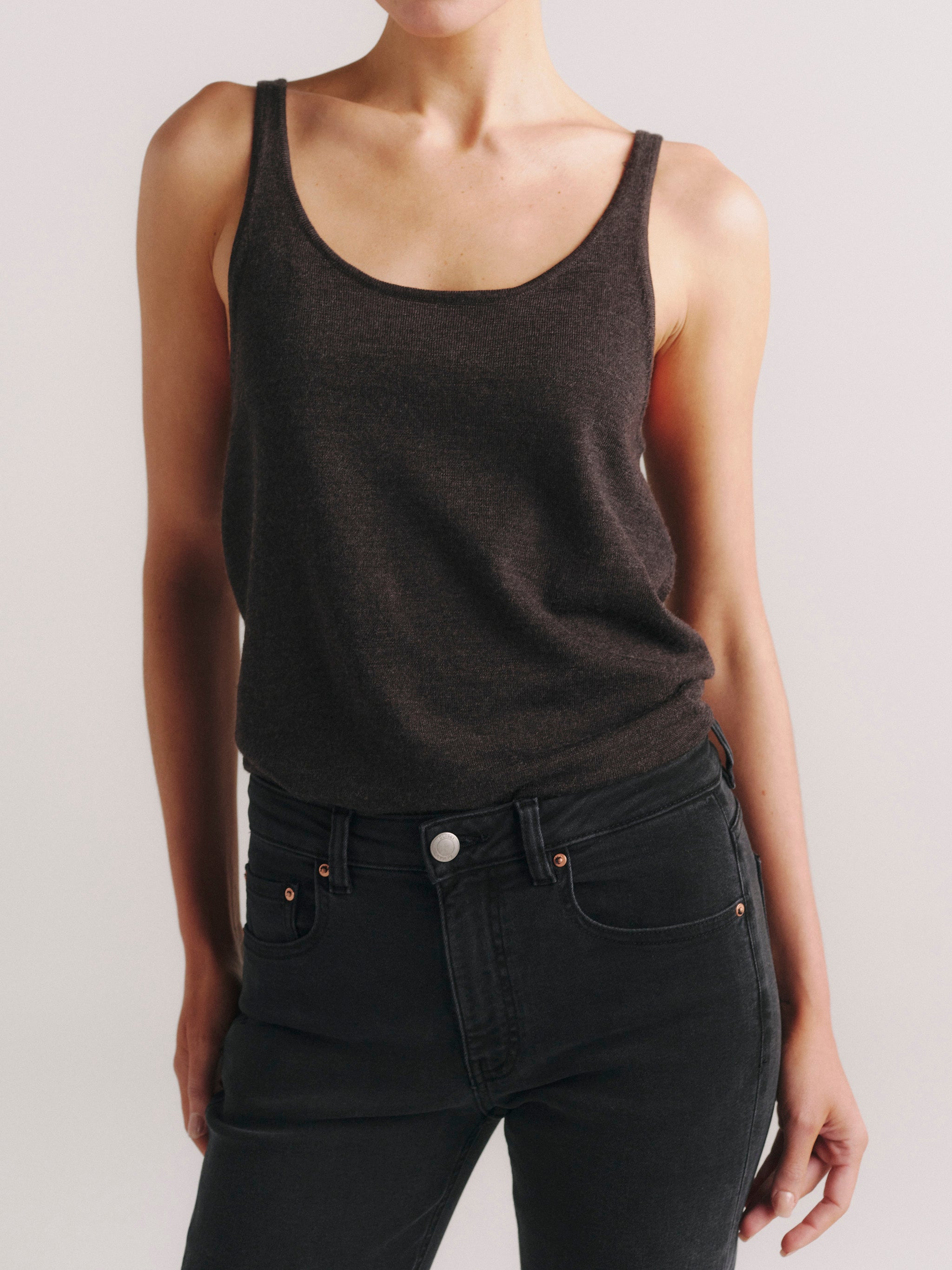 Bella Boot jeans in 2AM with Coal Scoop Neck Tank, model front, waist-up crop in studio.