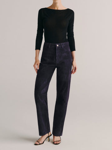 DL1961 Daria Stovepipe Suede Pants in purple 'Plum Suede', full front view with black top.
