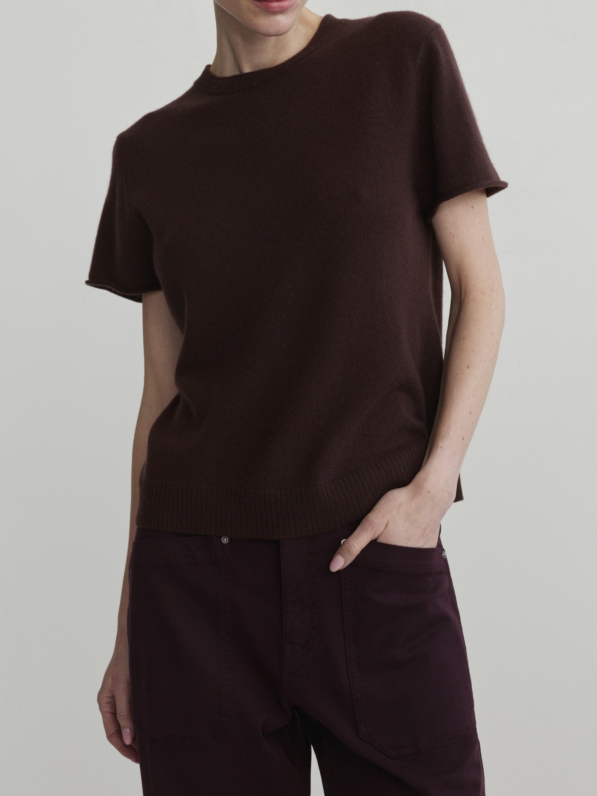 Bilie Easy Barrel jeans in Viola with Brown Knit Tee, model three-quarter view, upper-body crop.