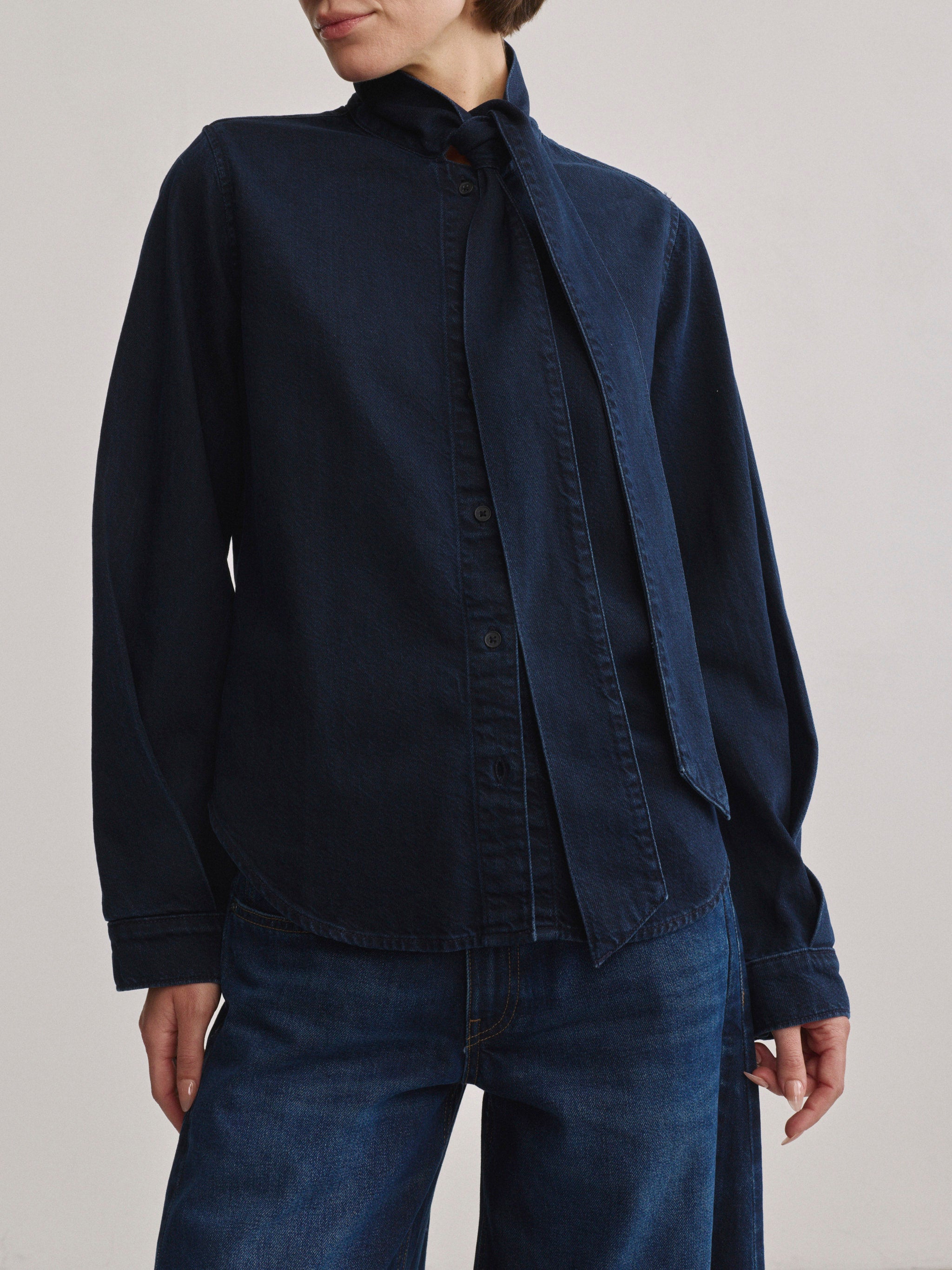 DL1961 Simone Denim Tie Shirt in Nightfall Aura, front close-up of buttoned denim shirt with tie neck.