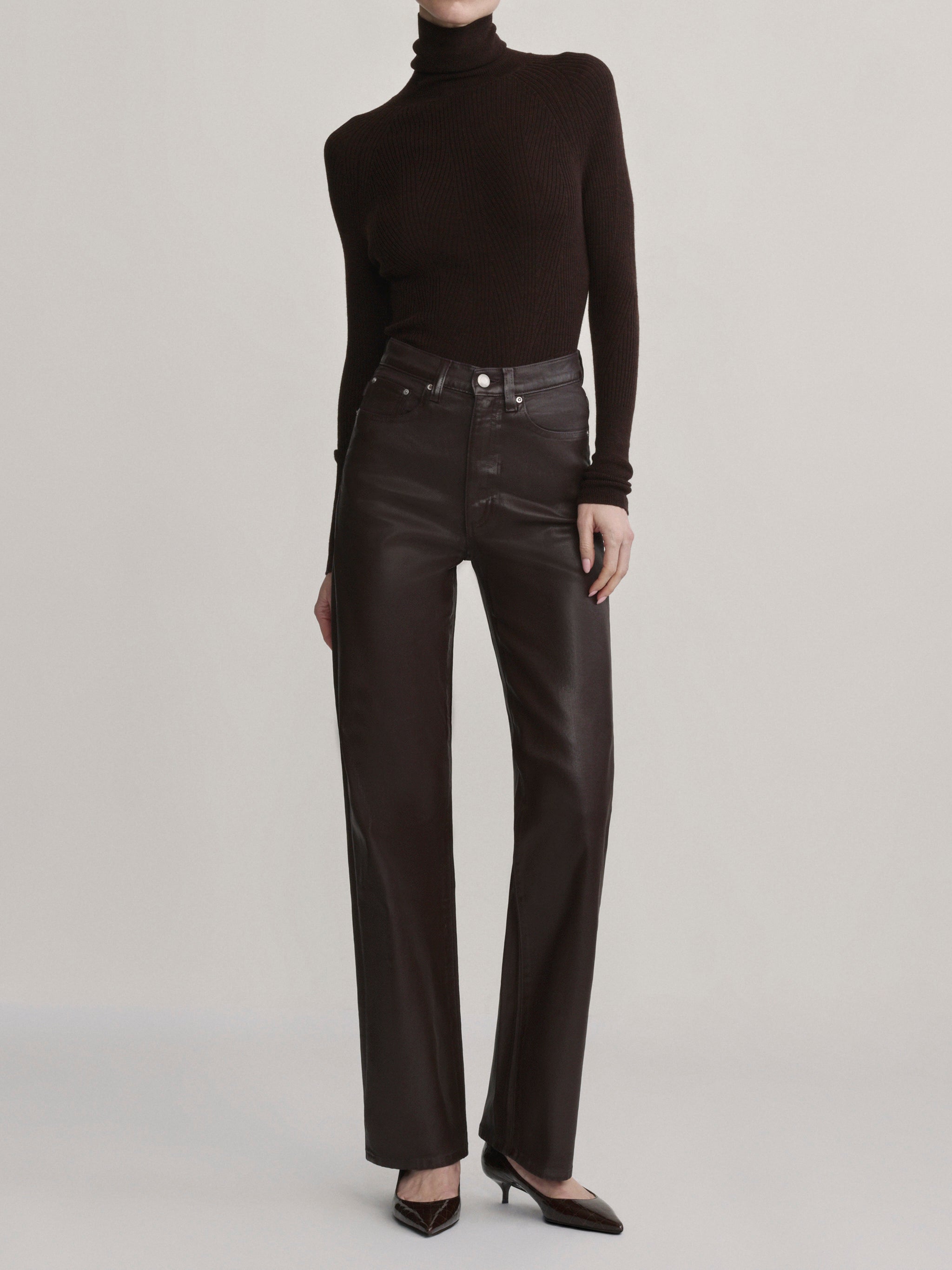DL1961 Karmine wide-leg high-rise jeans in coated dark berry-brown 'Bramble Coated', front full-length view.