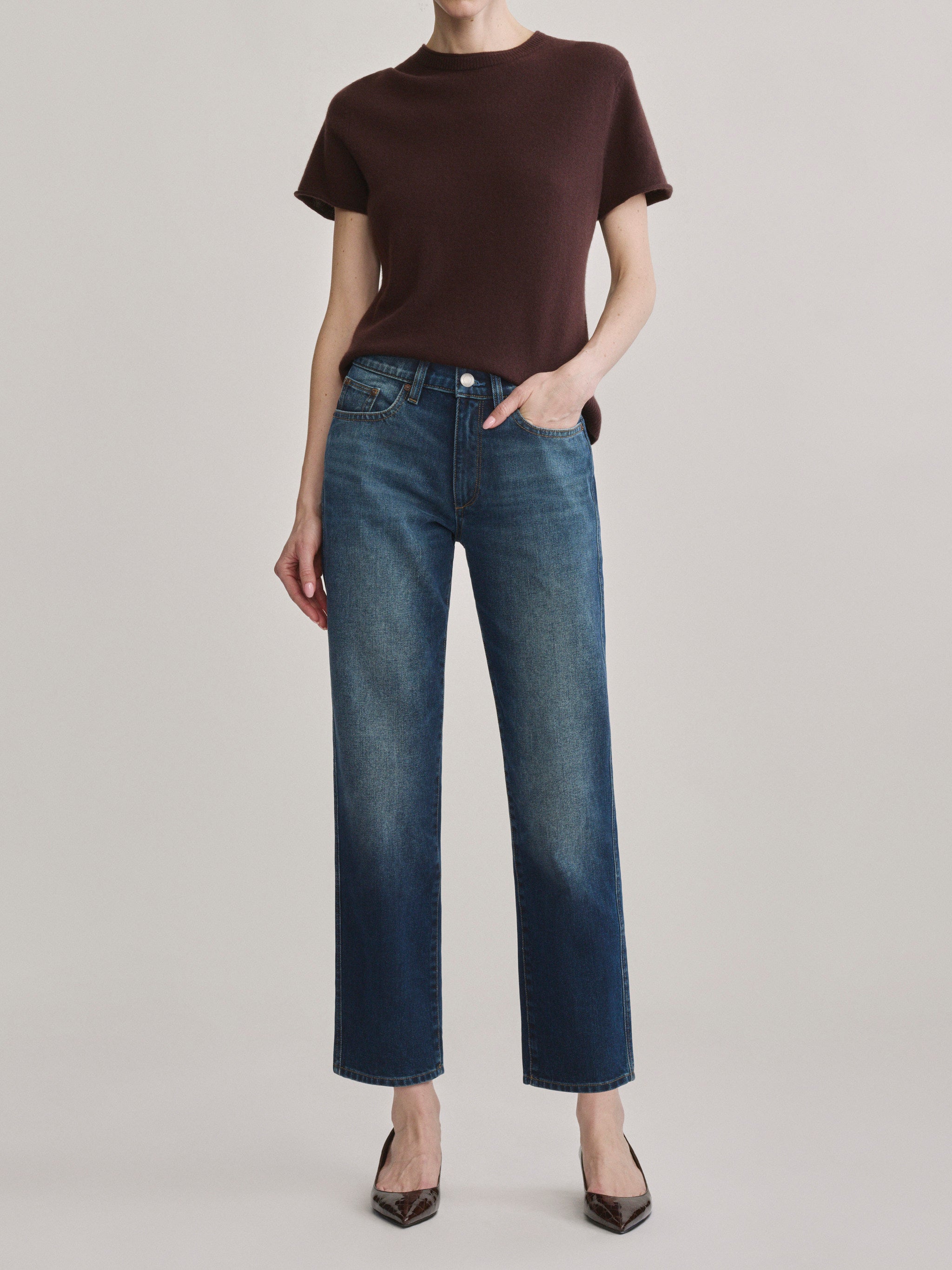 DL1961 Dakota slim straight low-rise jeans in medium blue 'Drama', front view styled with brown tee.