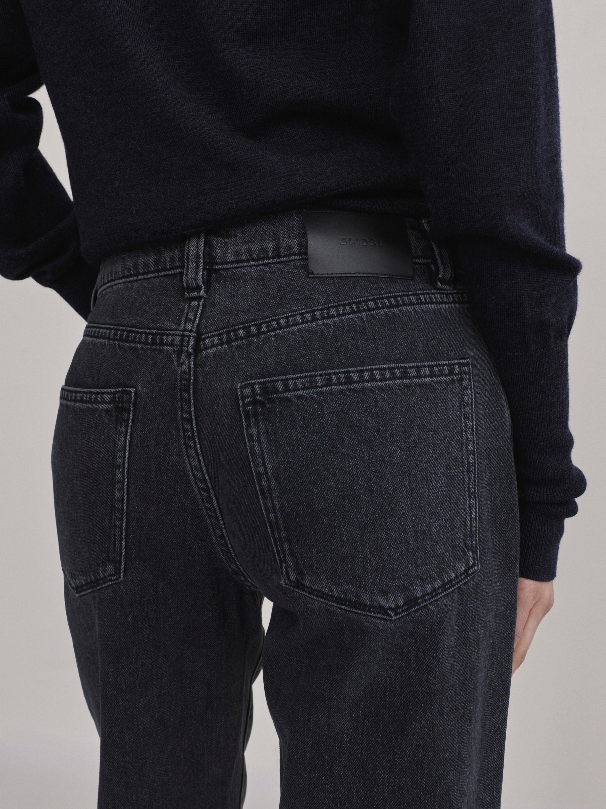 DL1961 Cate Classic Straight jeans in washed black 'Nightshade', back pocket detail.