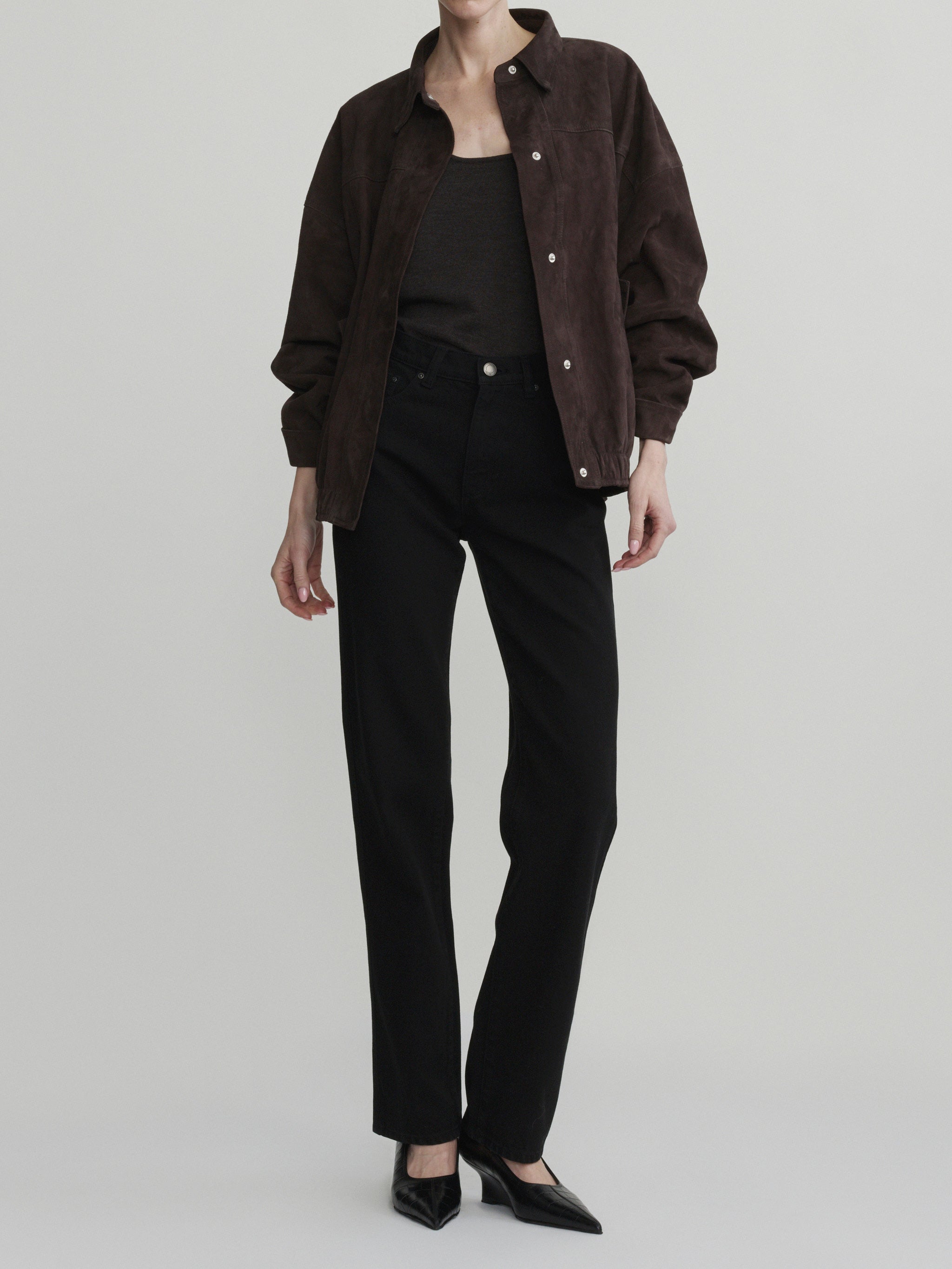 DL1961 Nara Oversized Suede Jacket in tobacco brown suede, worn open over tank with black jeans, front view.