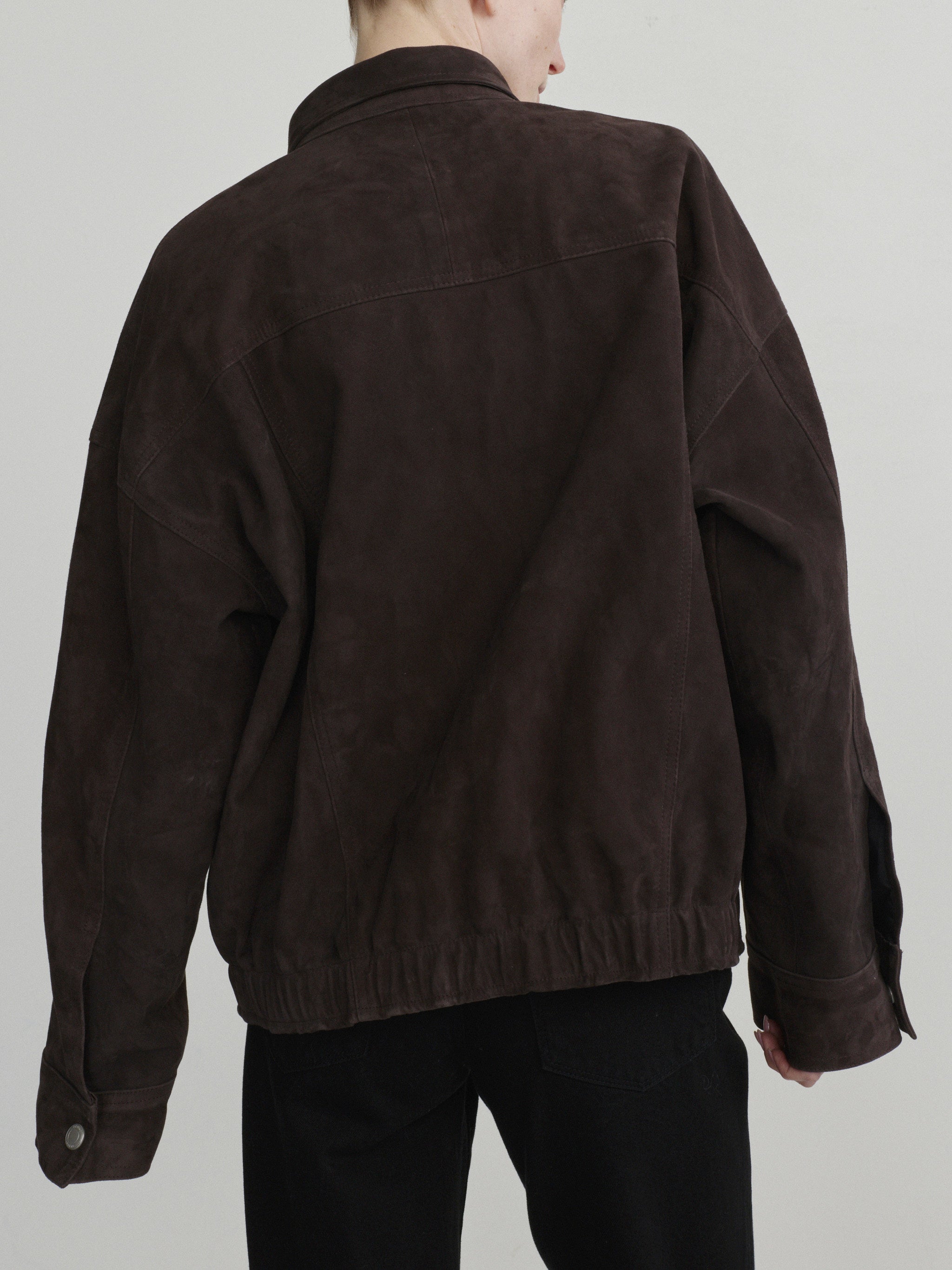 DL1961 Nara Oversized Suede Jacket in tobacco brown suede, oversized bomber with elastic hem, back view.