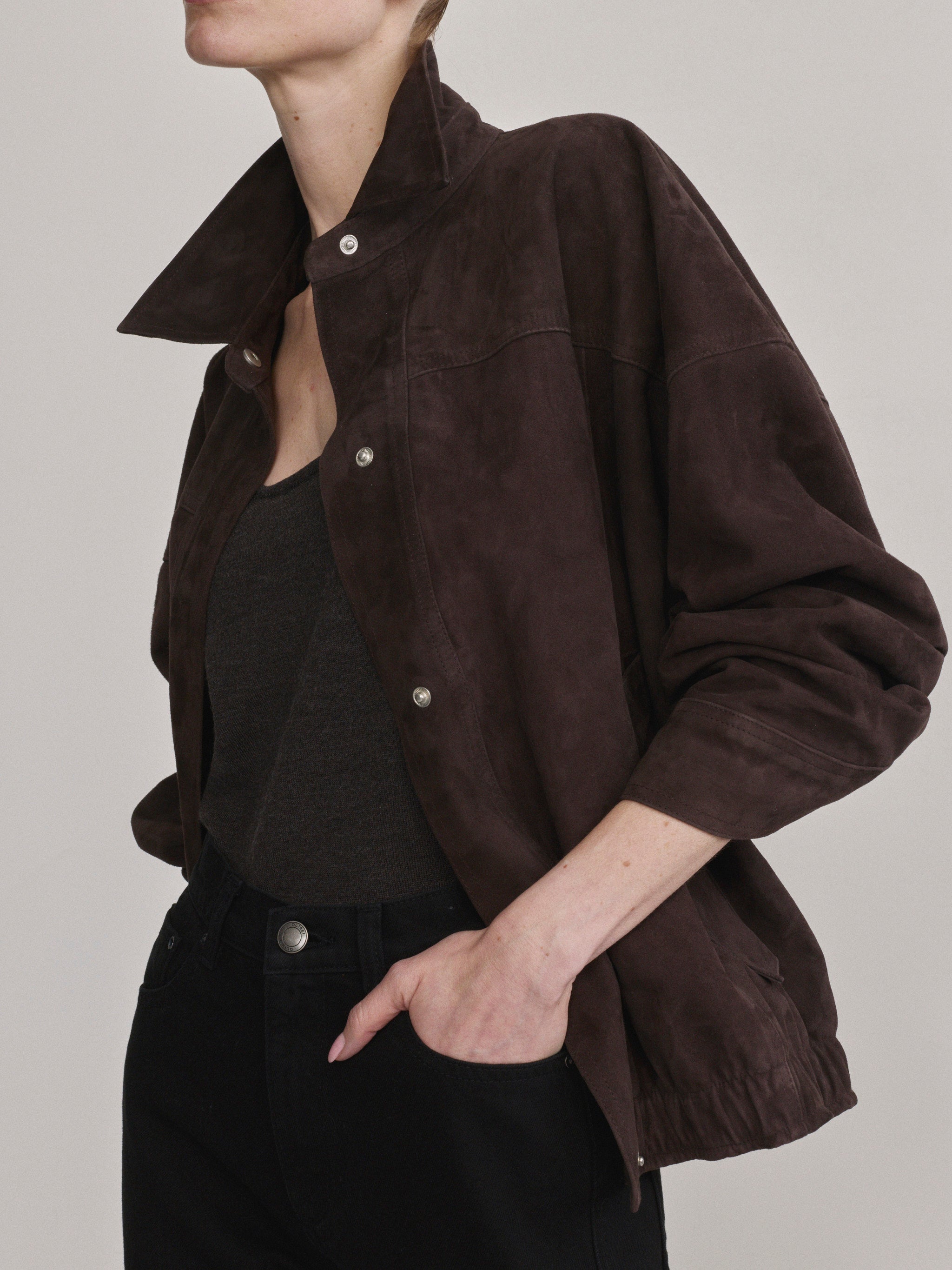 DL1961 Nara Oversized Suede Jacket in tobacco brown suede, oversized bomber with collar up, side detail.