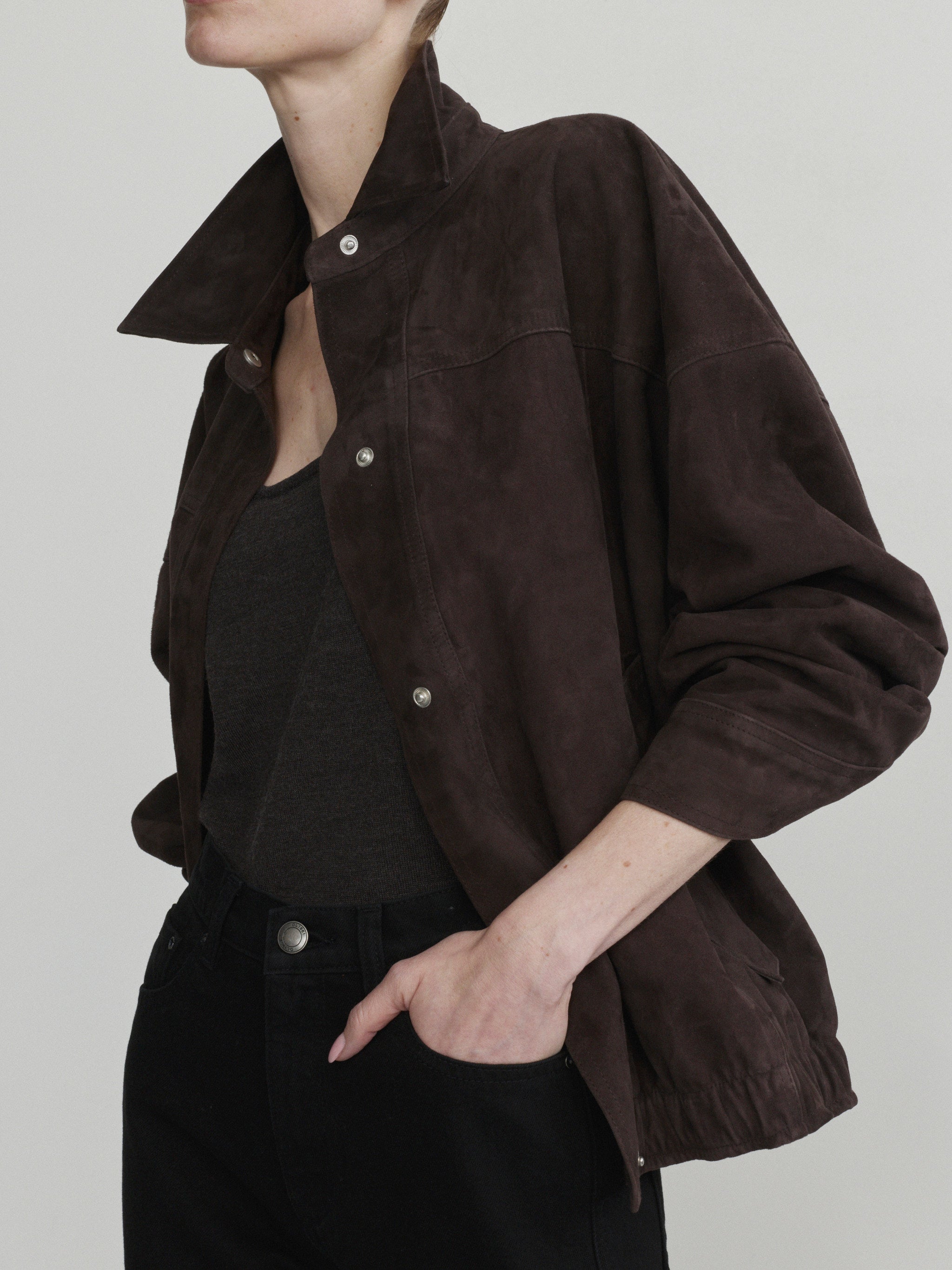 DL1961 Nara Oversized Suede Jacket in tobacco brown suede, oversized fit with stand collar, front detail.
