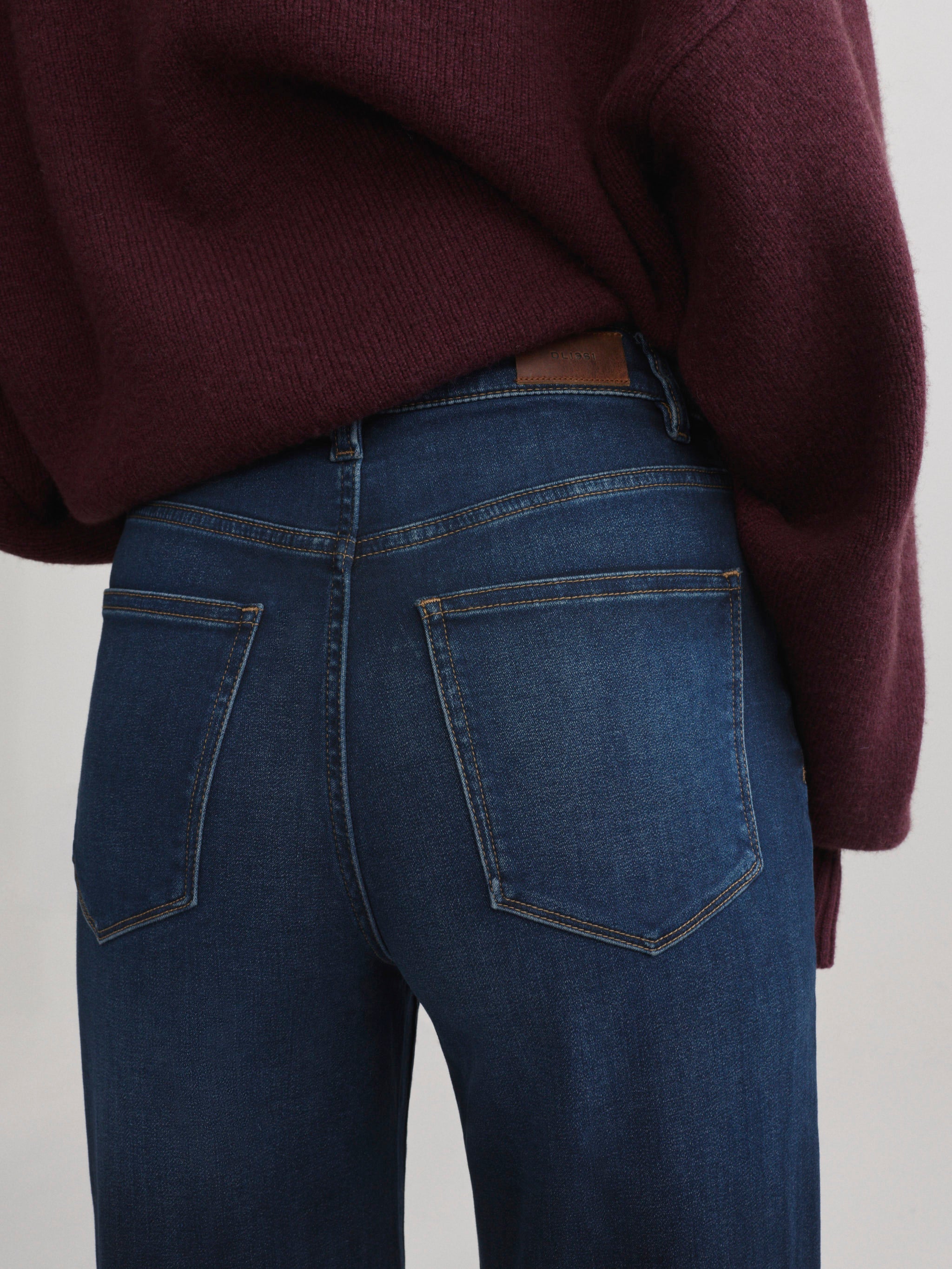 DL1961 Karmine Refined Wide Leg High-Rise Jeans in Newport Softwear — back pocket detail