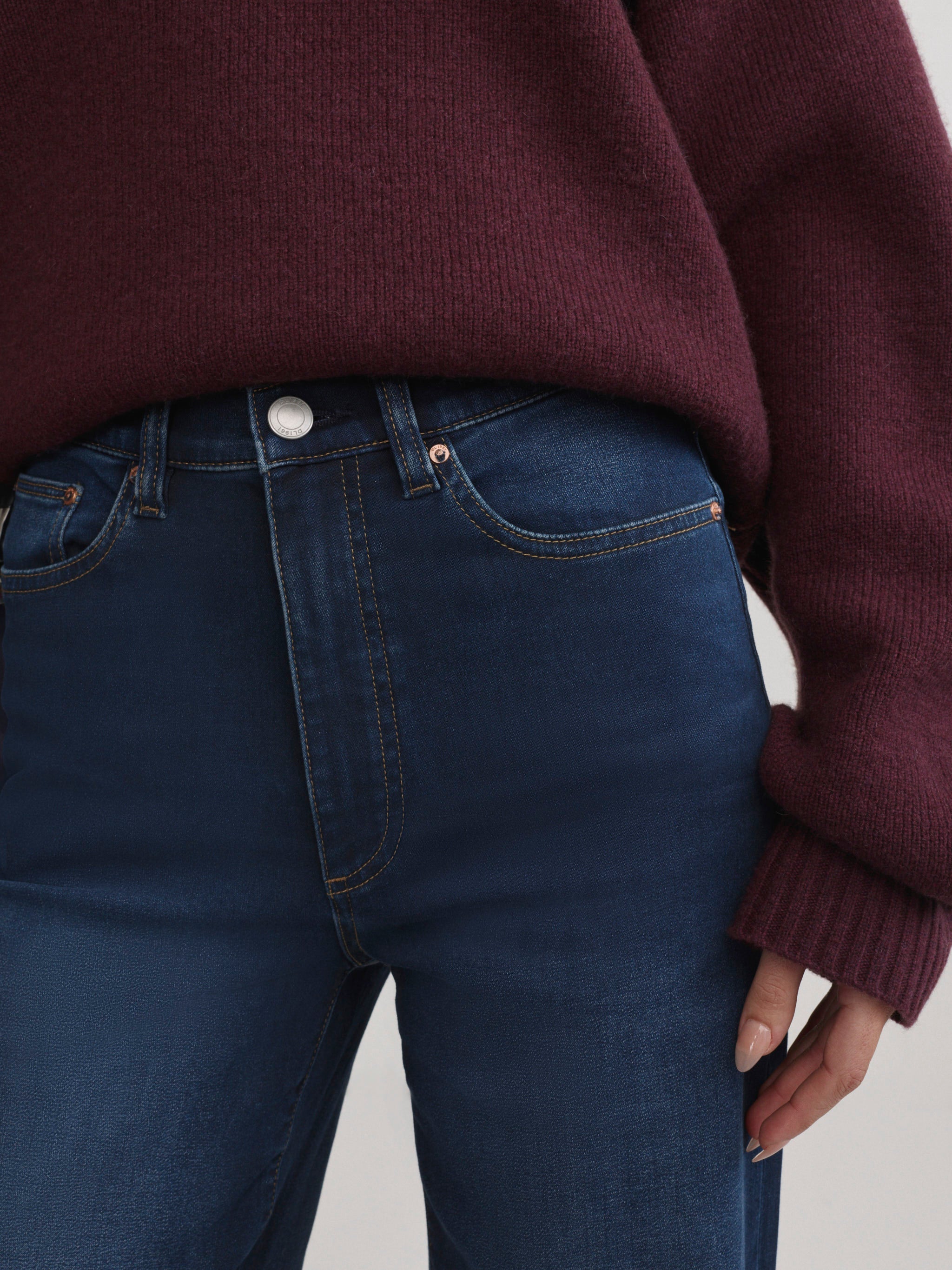 DL1961 Karmine Refined Wide Leg High-Rise Jeans in Newport Softwear — front waistband and pocket detail