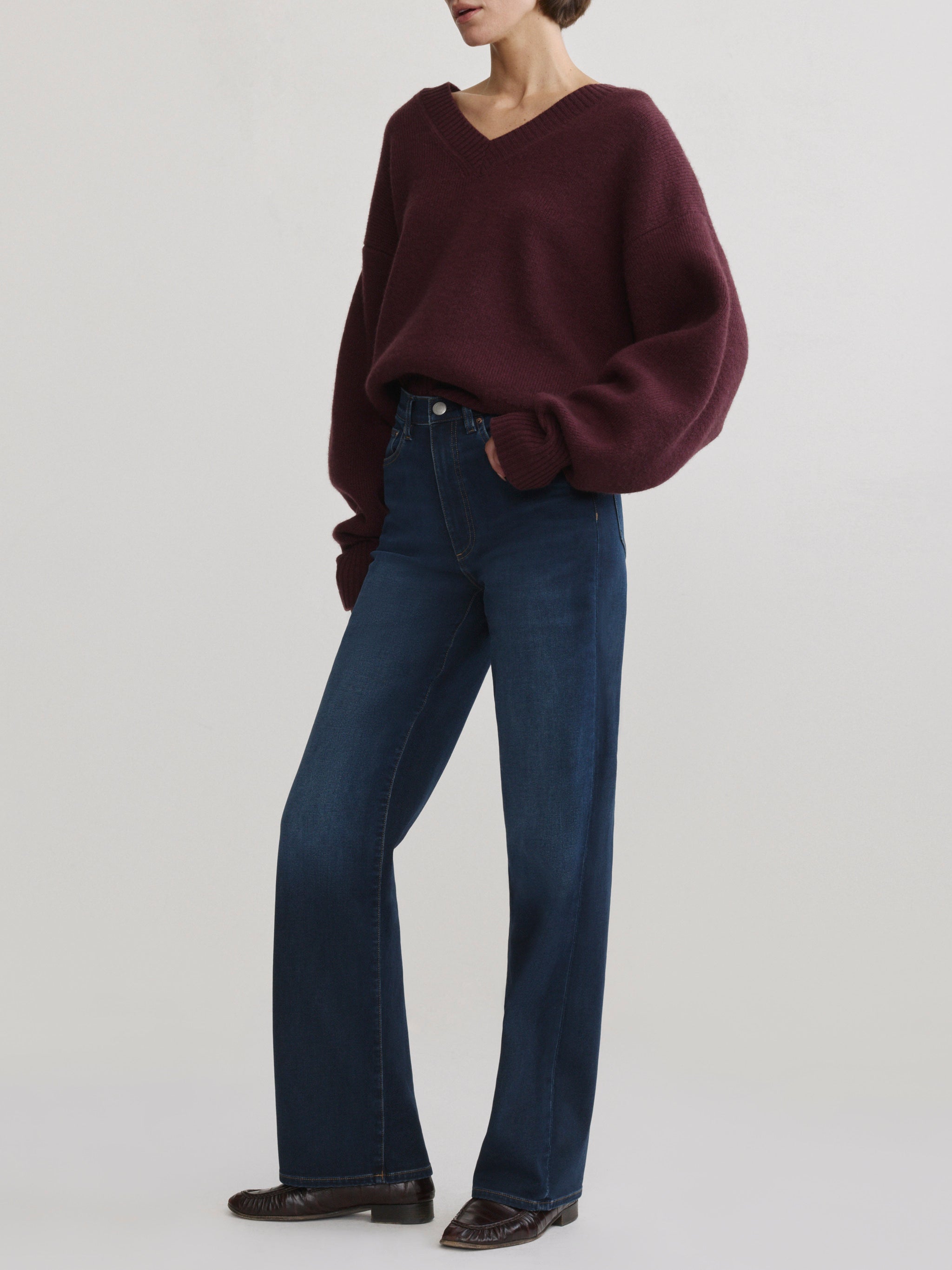 DL1961 Karmine Refined Wide Leg High-Rise Jeans in Newport Softwear — three-quarter view