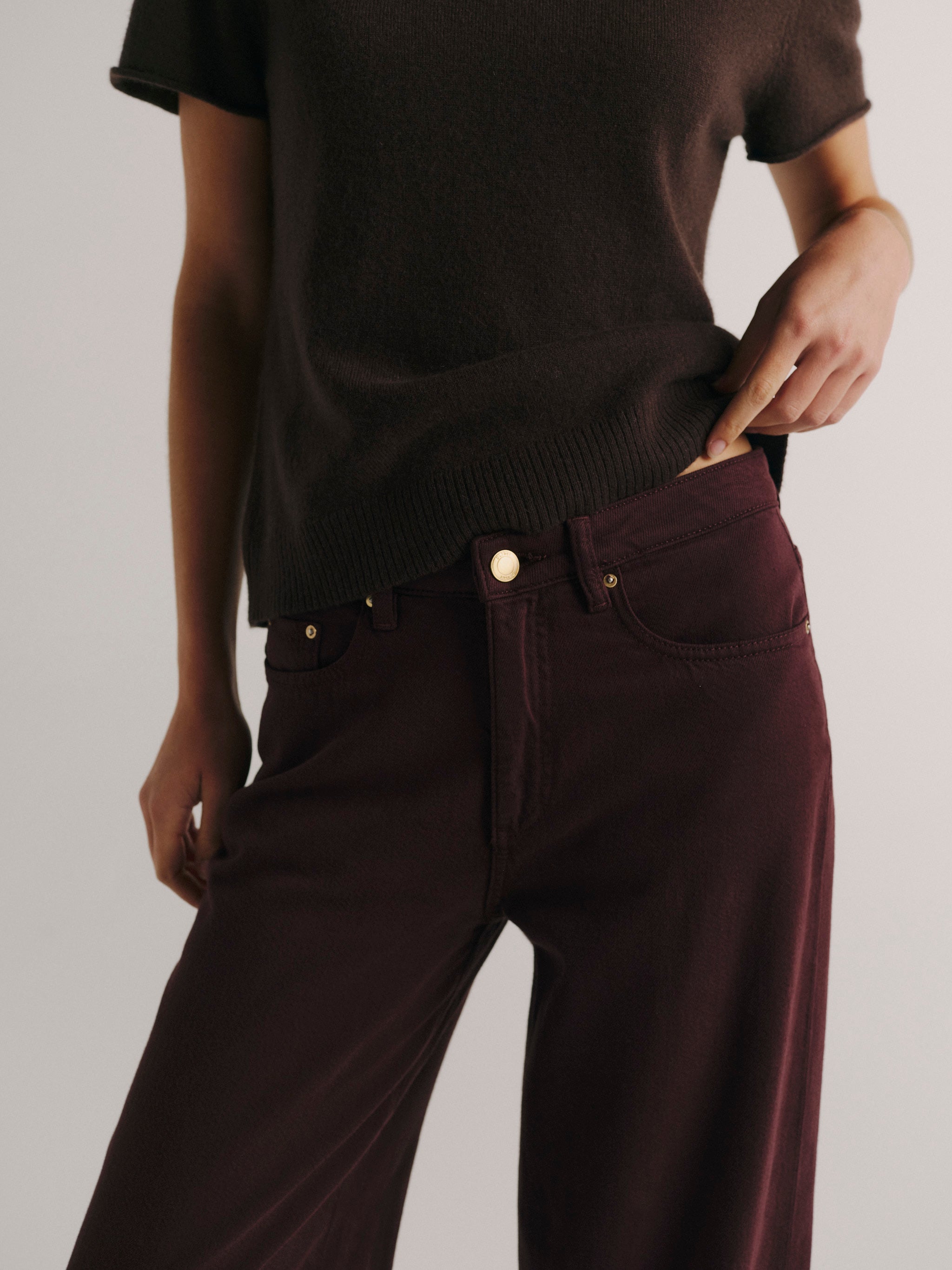 DL1961 women's Alex Baggy Wide Leg jeans in deep burgundy 'Bordeaux Aura', close-up of the front pocket, button and fly.