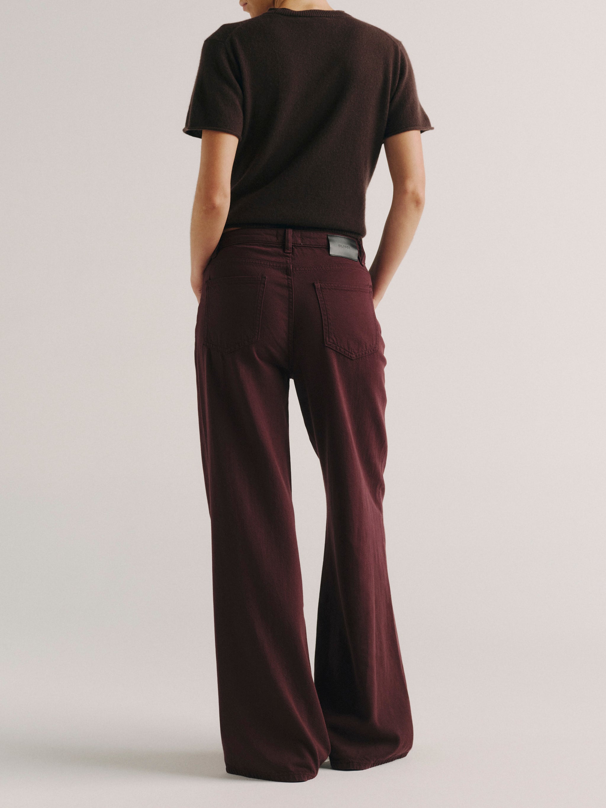 DL1961 women's Alex Baggy Wide Leg jeans in deep burgundy 'Bordeaux Aura', back full-length view showing the rear pockets.