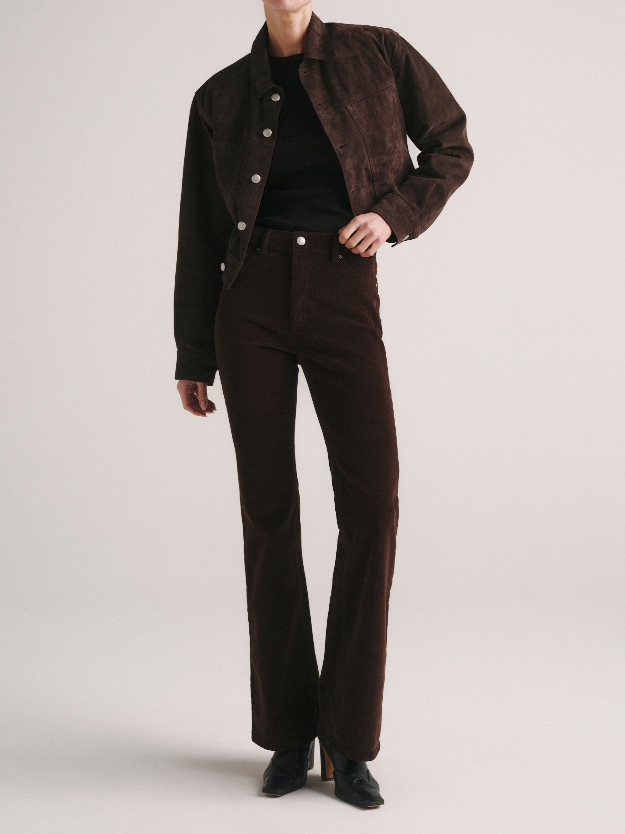 DL1961 Bridget Bootcut petite jeans in dark brown corduroy 'Meteorite', front full-length view.