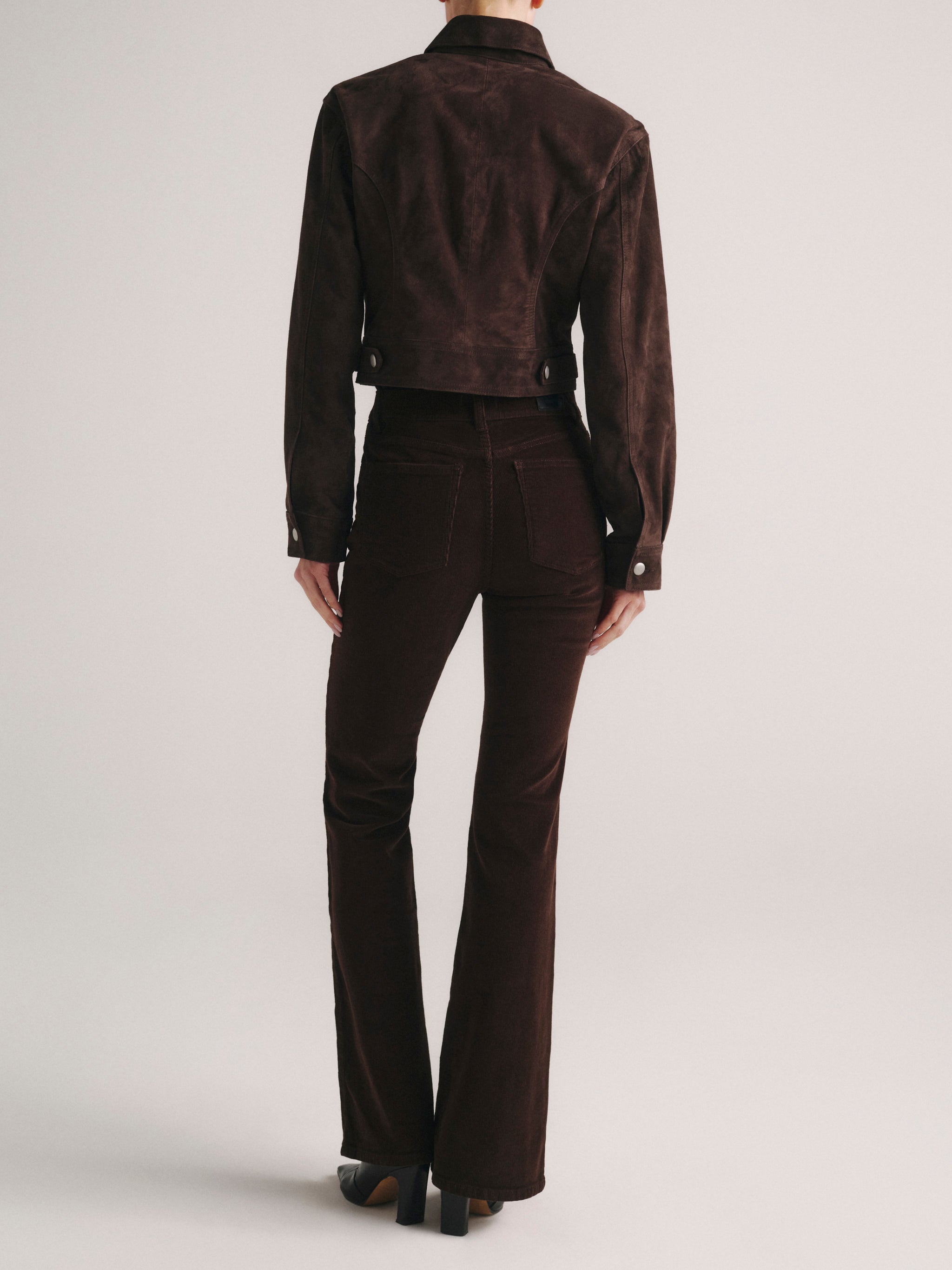 DL1961 Bridget Bootcut petite jeans in dark brown corduroy 'Meteorite', back view.