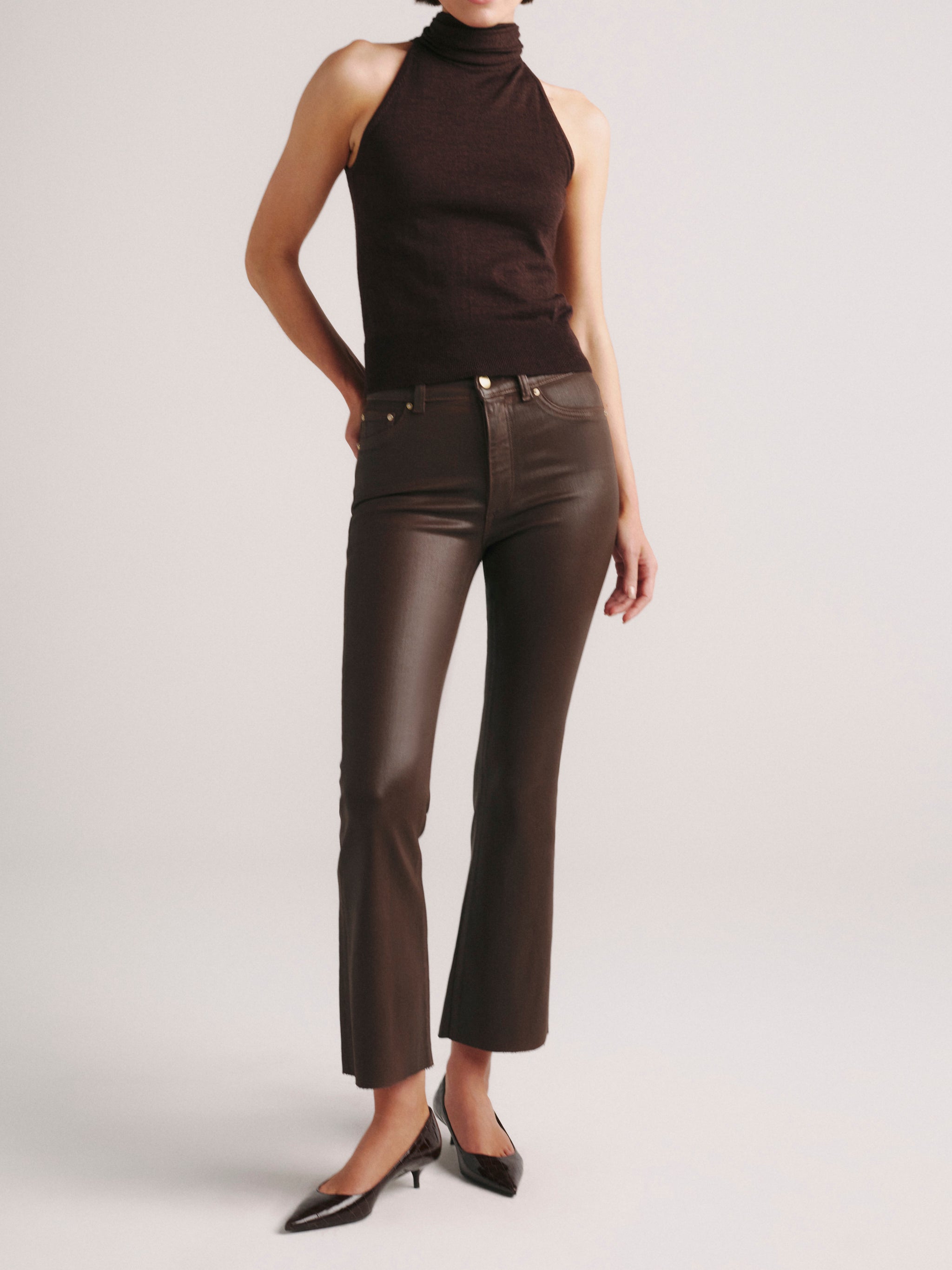 DL1961 Bridget Bootcut petite crop jeans in brown coated 'Brownstone', front full-length view.