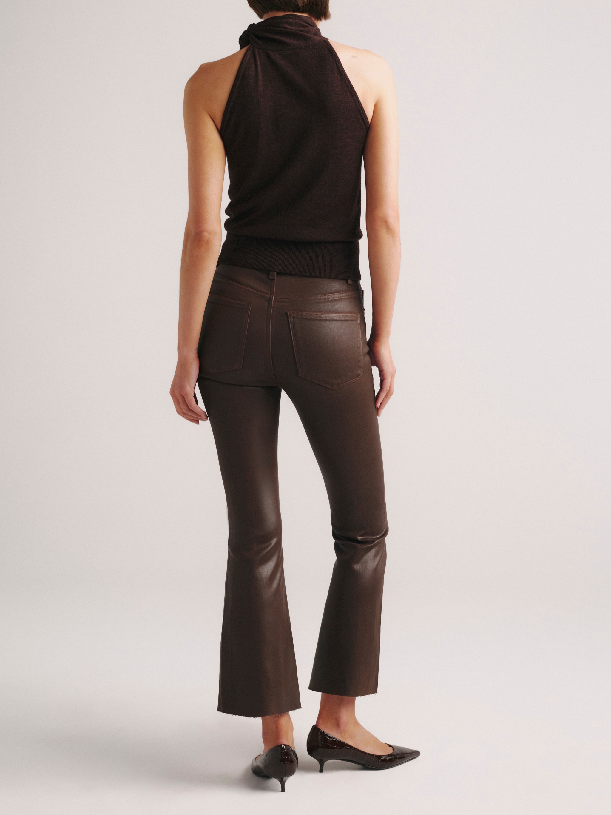 DL1961 Bridget Bootcut petite crop jeans in brown coated 'Brownstone', back view.