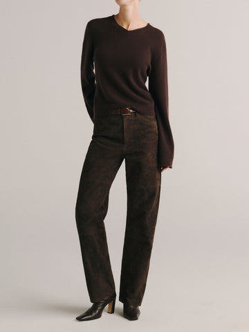 DL1961 Daria Stovepipe Suede Pants in brown 'Tobacco Suede', full front view with brown sweater.