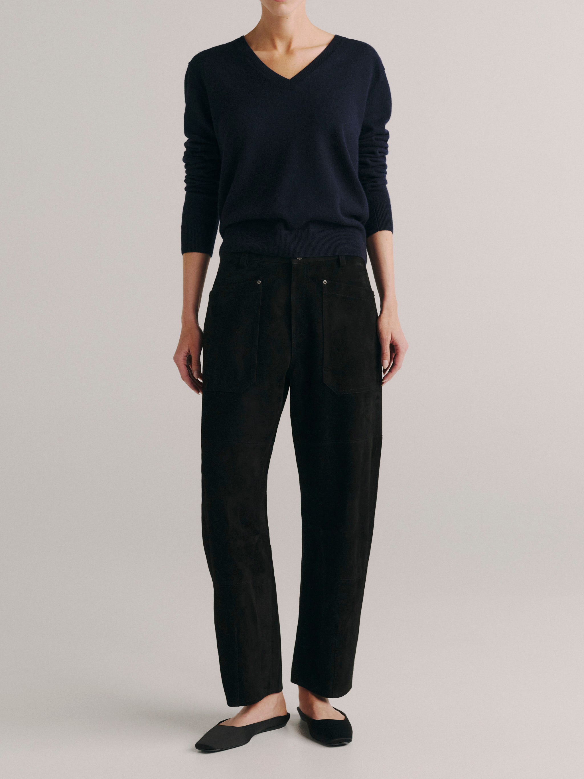 DL1961 women's Bilie Easy Barrel suede pants in black, full-length front view.