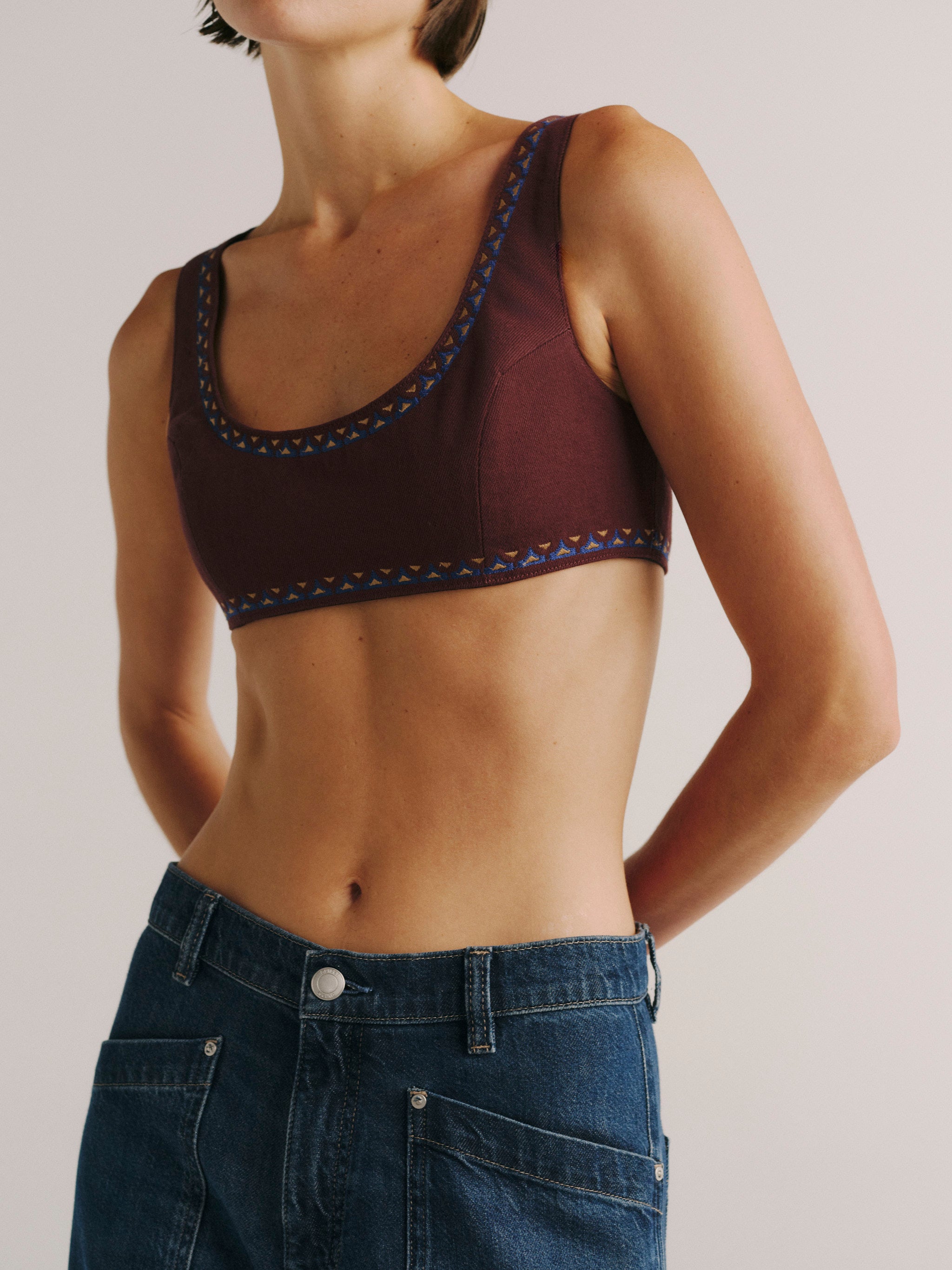 DL1961 women's Colette denim bralette in 'Burgundy Embroidery', front view showing the scooped neckline and embroidered trim.