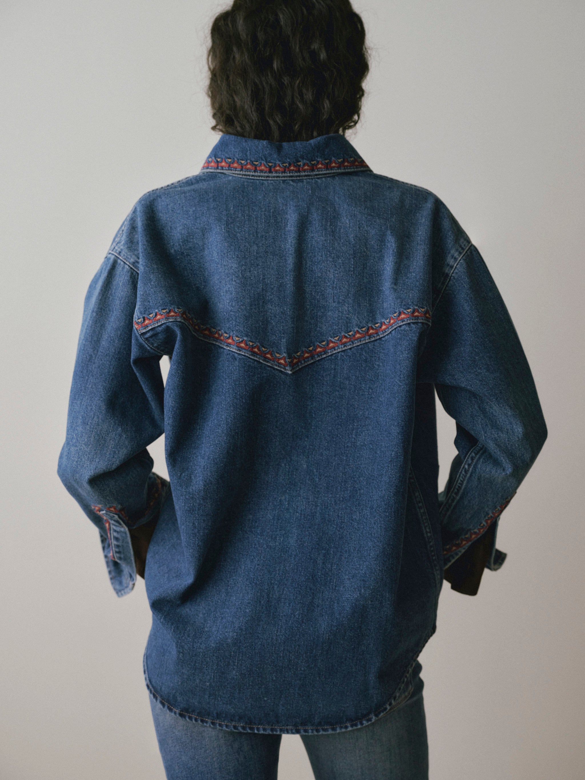 DL1961 women's Addison denim overshirt in 'Eternal Embroidery', back view showing the embroidered yoke.