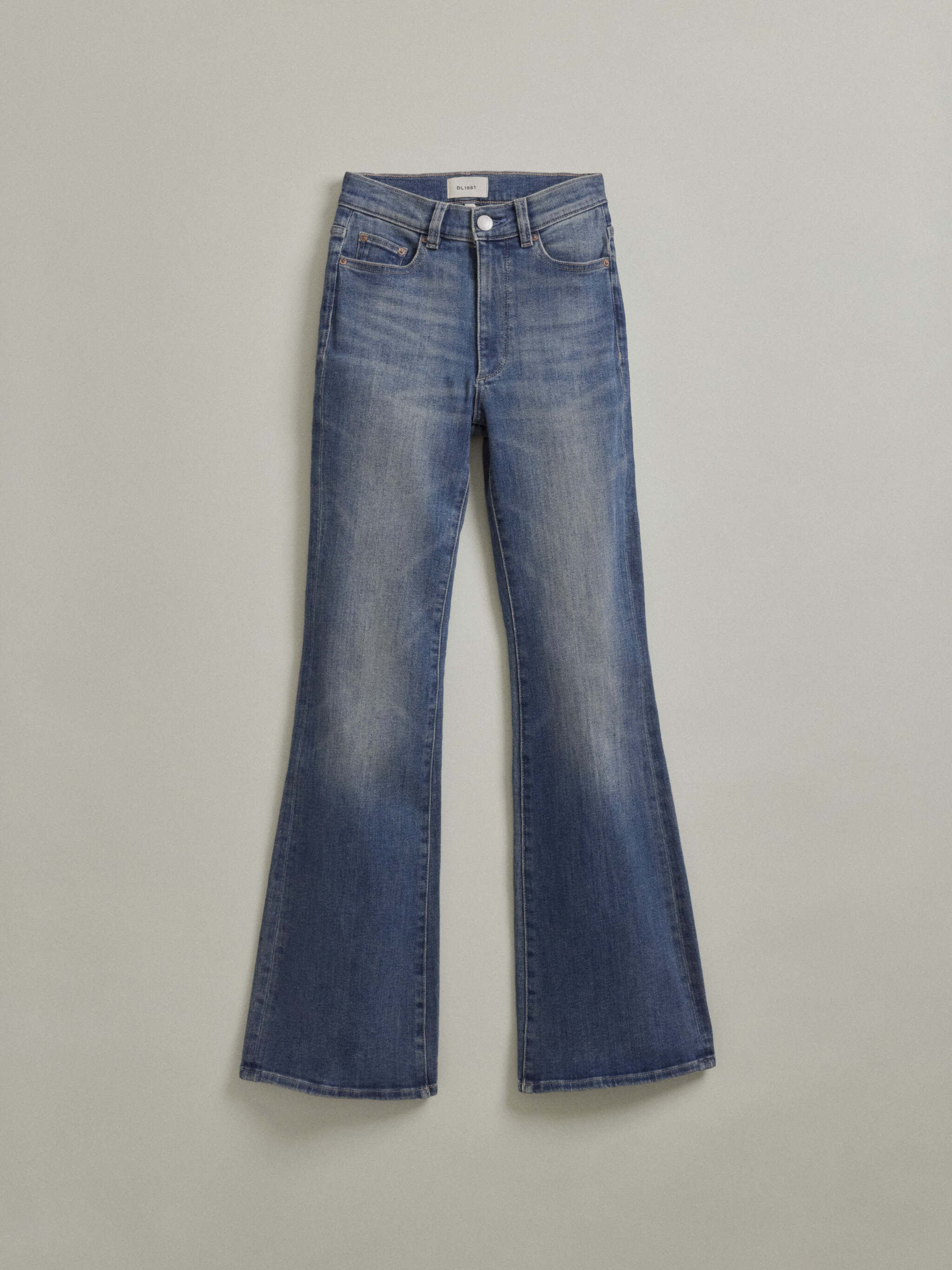 DL1961 women's Bridget Bootcut High Rise Instasculpt jeans in medium blue 'Eternal', flat lay front view showing the high rise and flared leg.