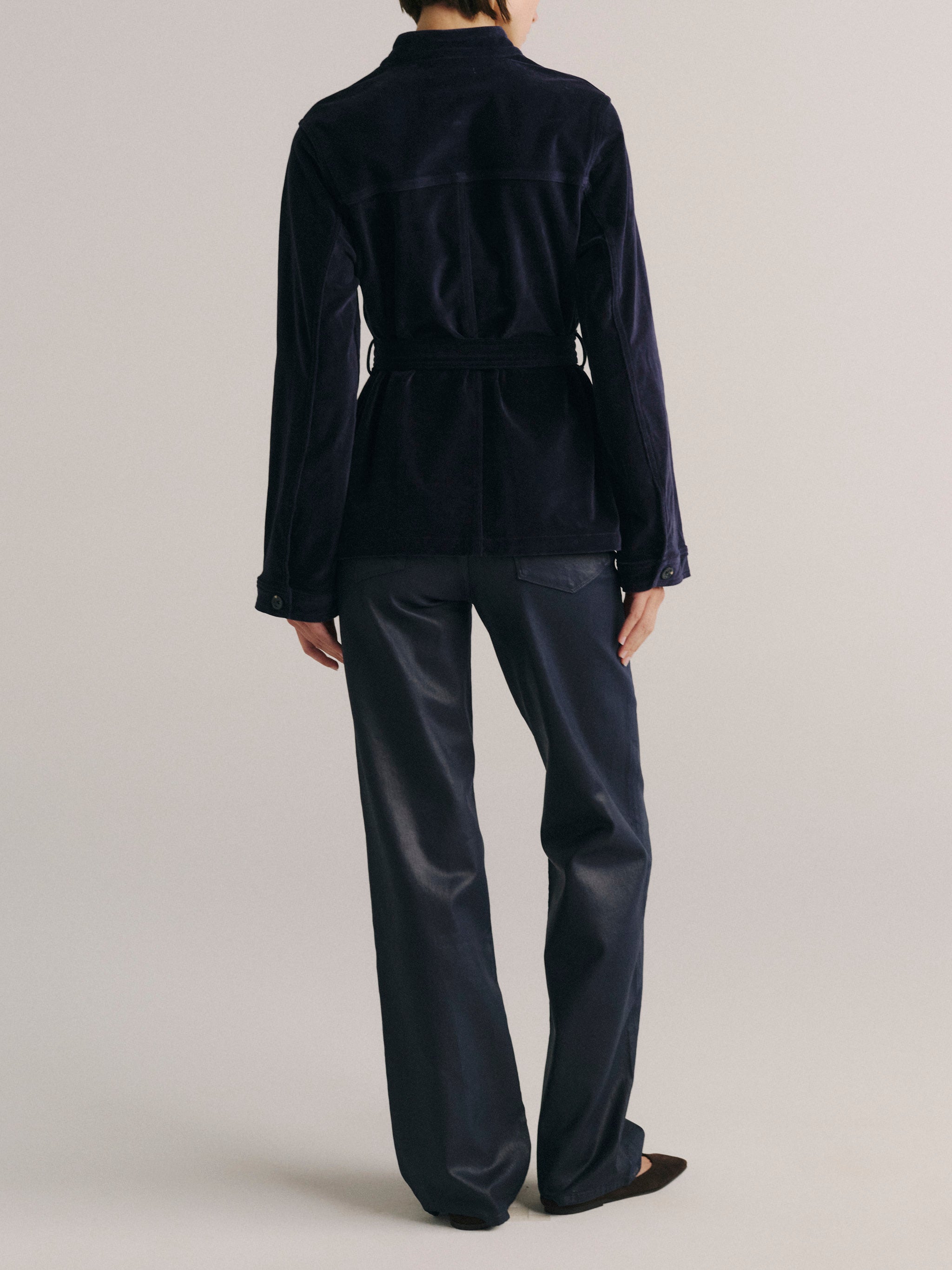 DL1961 women's Utility velvet jacket in navy 'Ajax Velvet', back view showing the belted waist.