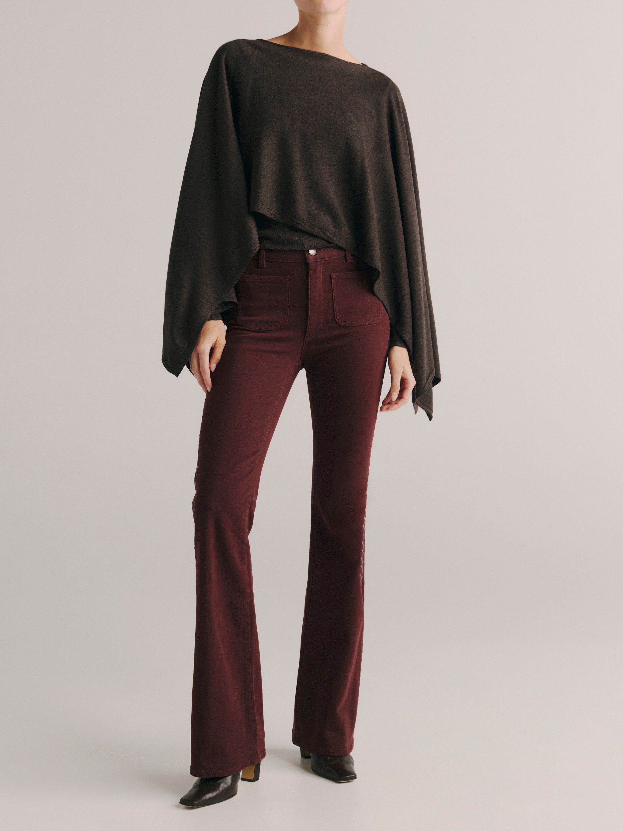 DL1961 women's Bridget Bootcut High Rise Instasculpt jeans in 'Burgundy Embroidery', full-length front view showing the flared leg.