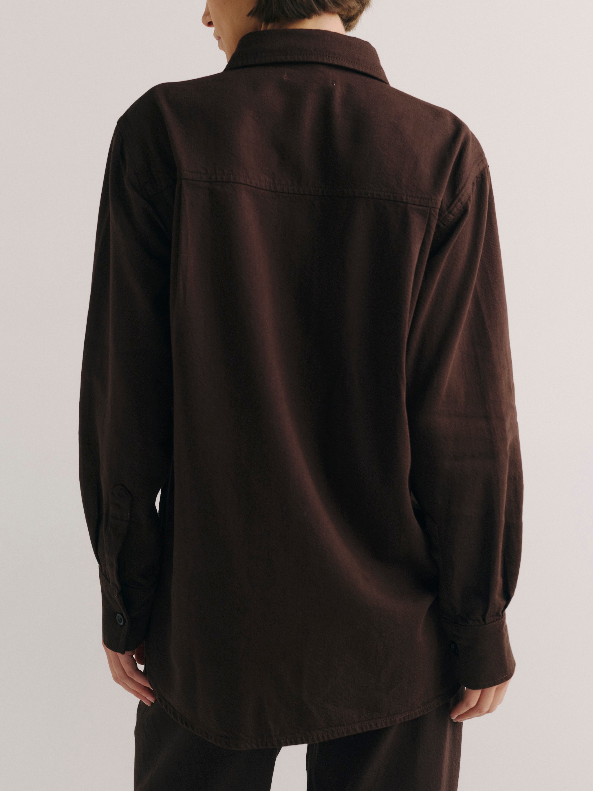 DL1961 women's Faye oversized denim shirt in dark brown 'Tobacco Aura', close-up back view showing the yoke and curved hem.