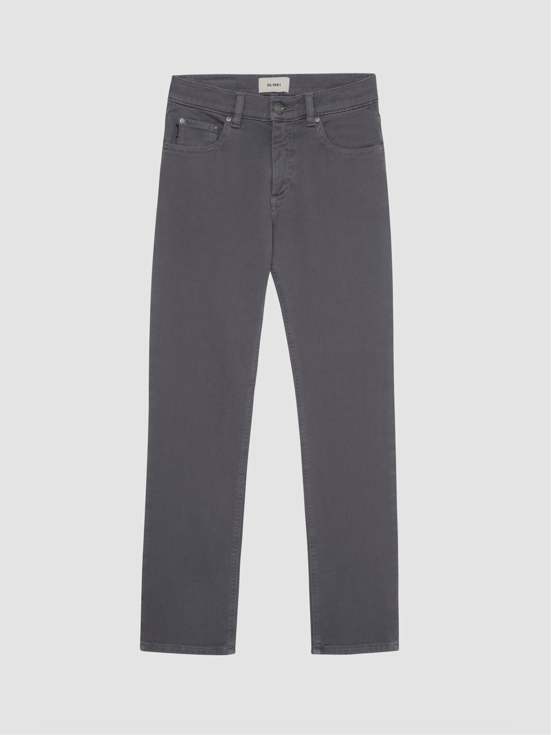 DL1961 boys' Benji Straight knit jeans in charcoal gray 'Alloy', five-pocket, flat front view.
