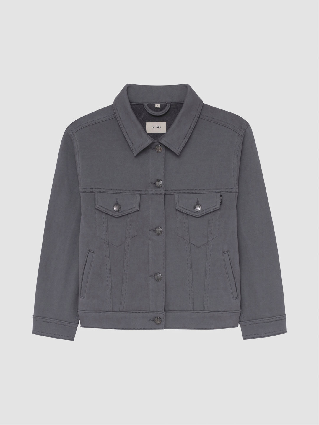 DL1961 girls' Jordyn knit denim trucker jacket in charcoal gray 'Alloy', button-front, flat front view.
