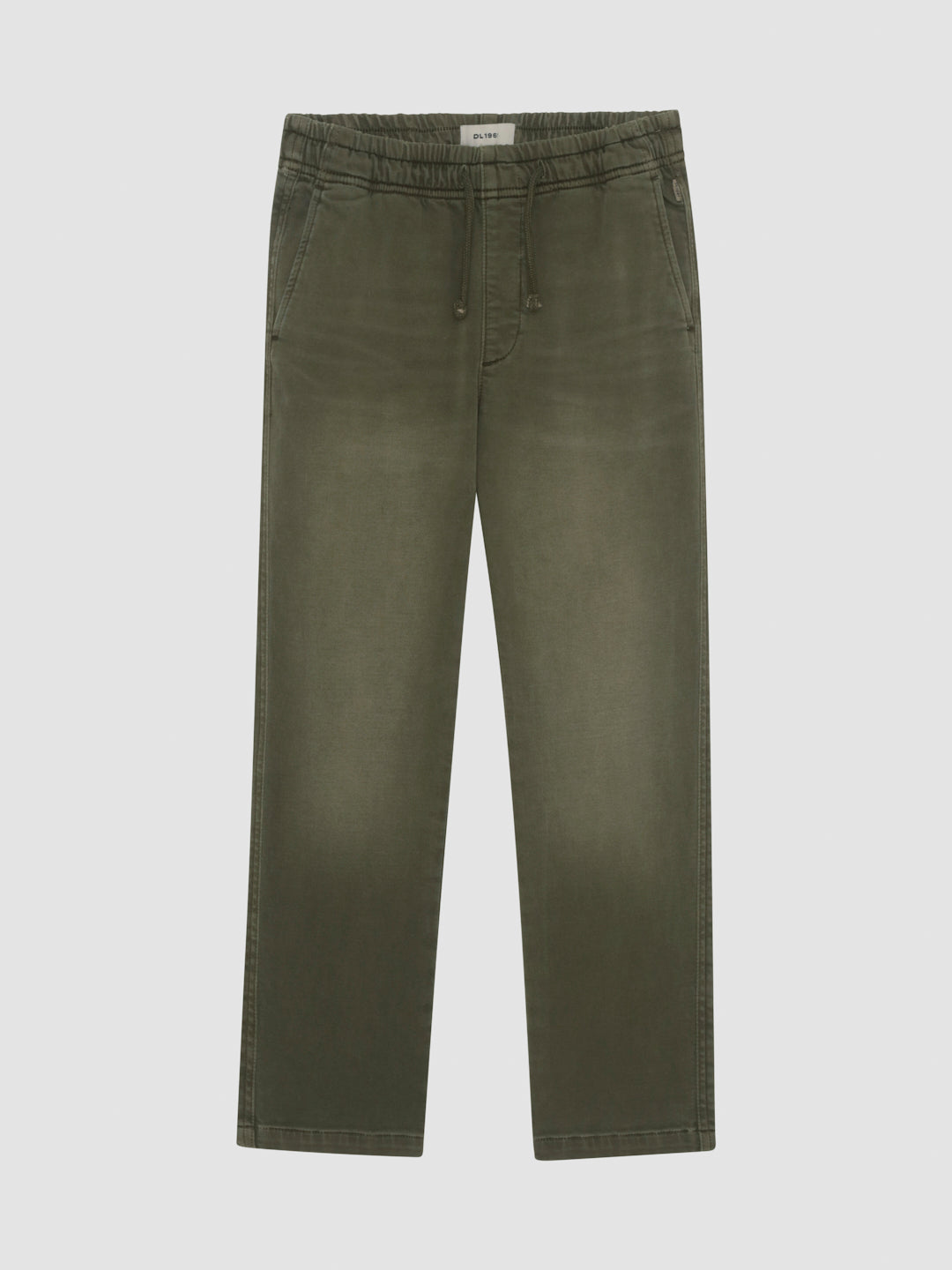 DL1961 boys' Quentin knit denim joggers in olive green 'Olive', drawstring waist, flat front view.