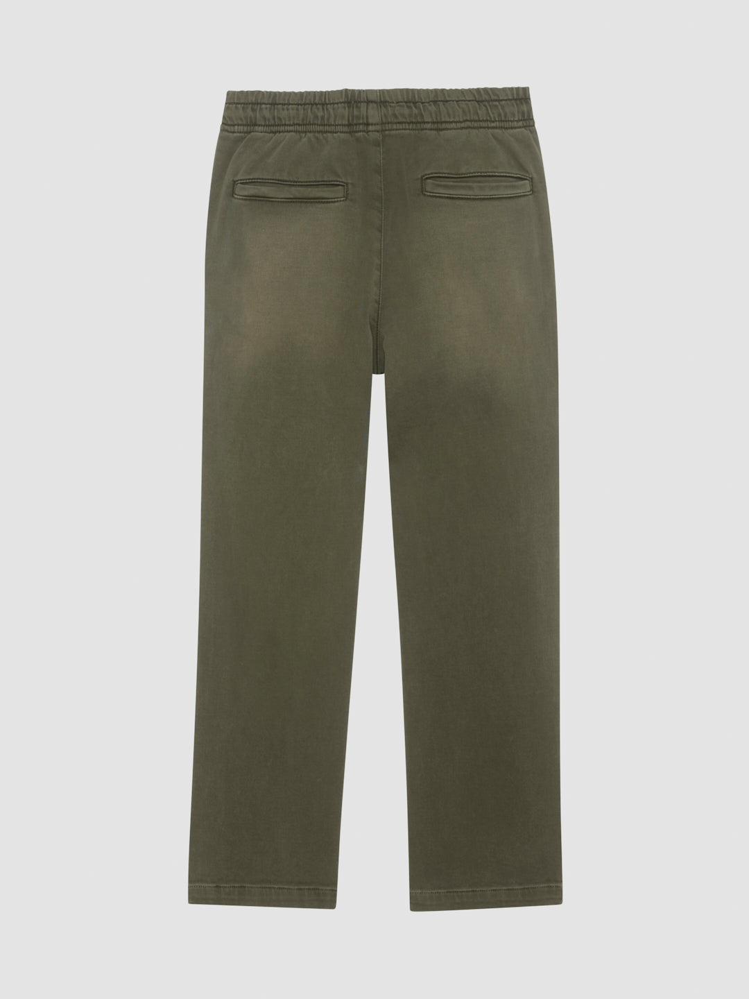 DL1961 boys' Quentin knit denim joggers in olive green 'Olive', welt back pockets, flat back view.