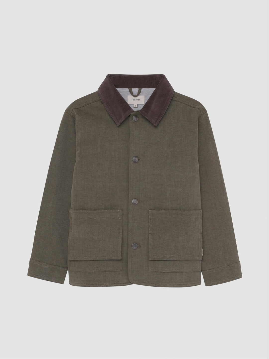 DL1961 boys' Louie denim chore jacket in olive green 'Outpost', brown corduroy collar, flat front view.