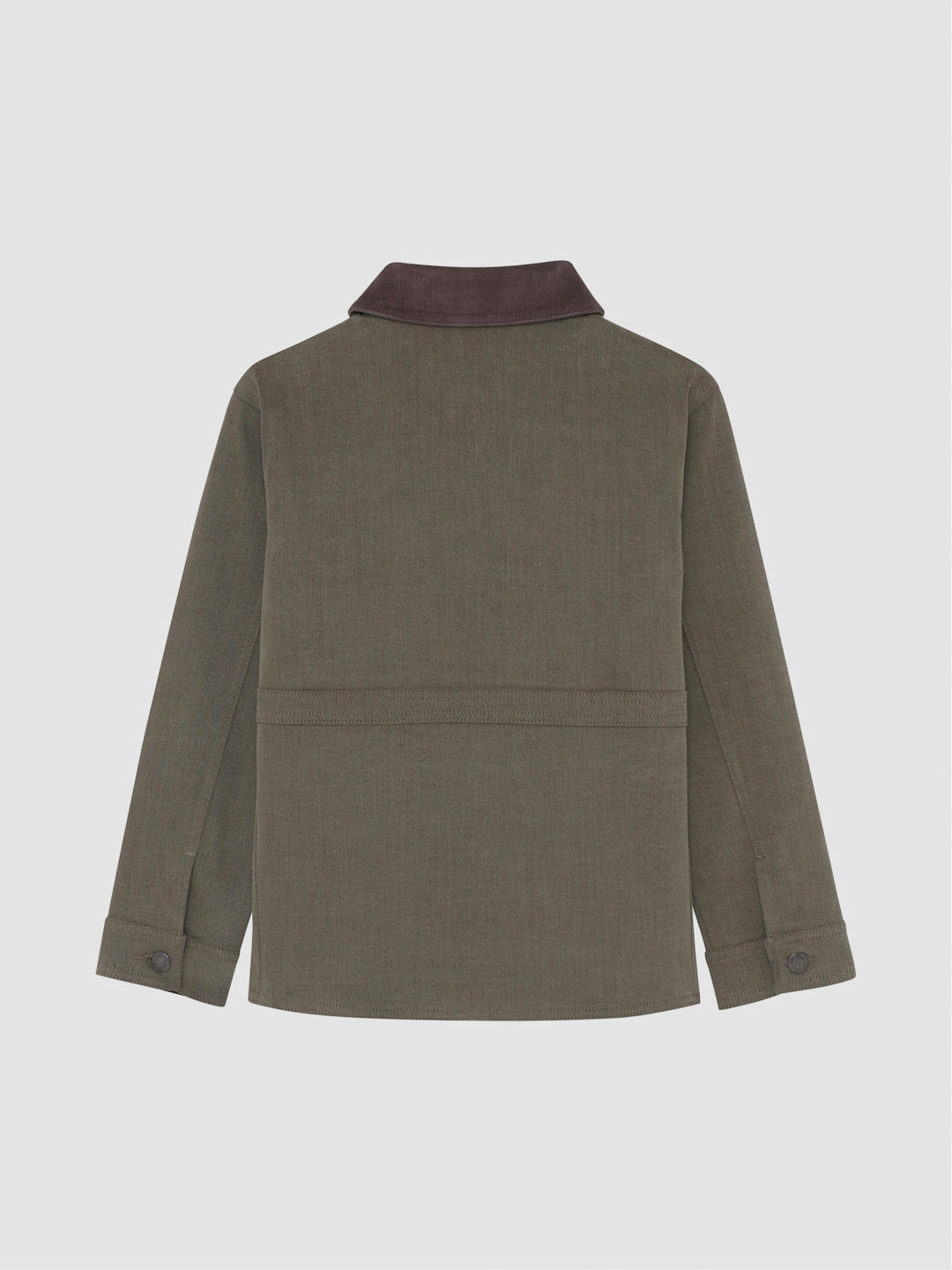 DL1961 boys' Louie denim chore jacket in olive green 'Outpost', brown collar, flat back view.