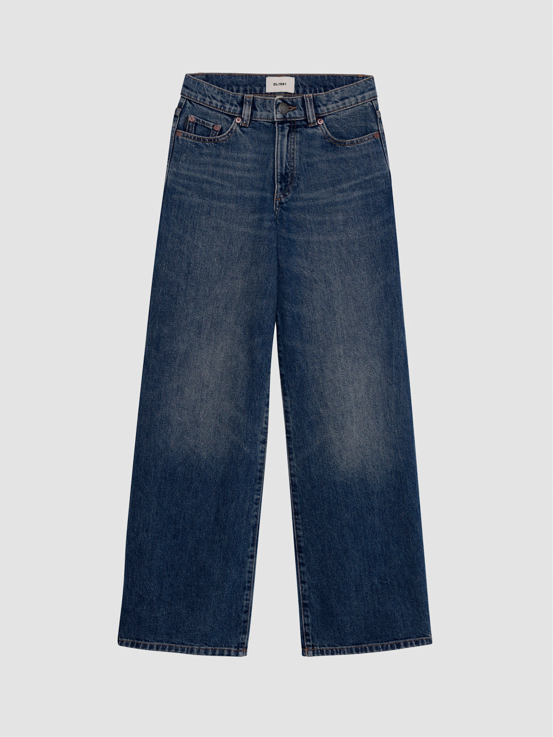 DL1961 boys' Mason Baggy wide-leg jeans in faded blue 'Tinted Dark', five-pocket, flat front view.