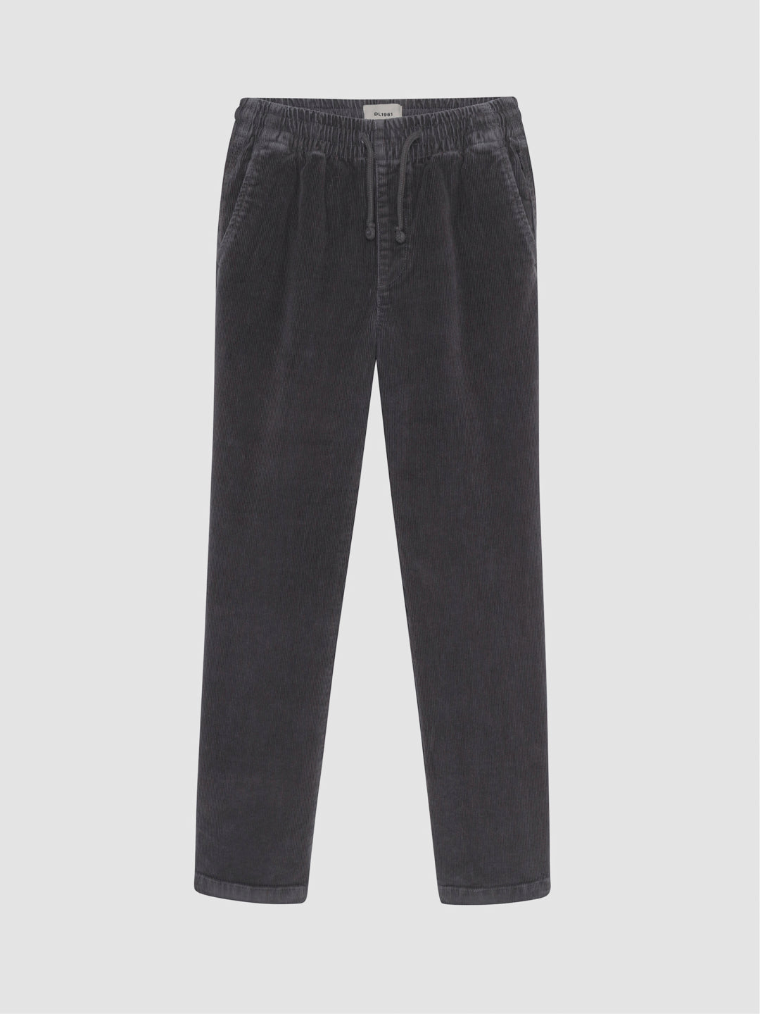 DL1961 boys' Quentin corduroy jogger in dark charcoal grey 'Graphite', flat front view